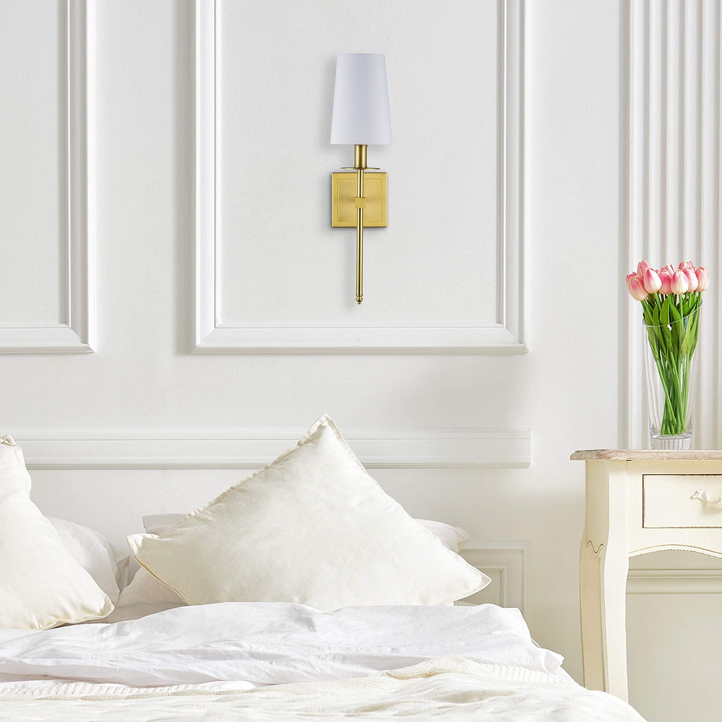 Linea di Liara Torcia Gold Wall Lighting with White Fabric Shade Modern Bathroom Bedroom Wall Lamp and Hallway Wall Light Fixtures Indoor Wall Sconce