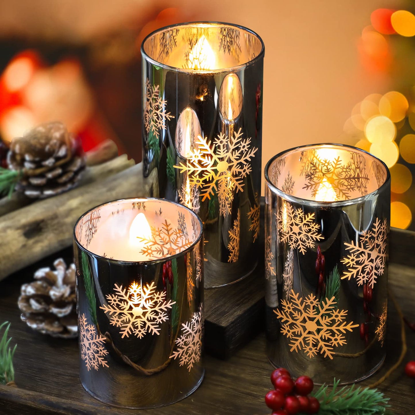 FLAVCHARM Snowflake LED Flameless Candles with Remote and Timer, Electroplate Glass Candles Operated by Battery, Christmas LED Flickering Candles