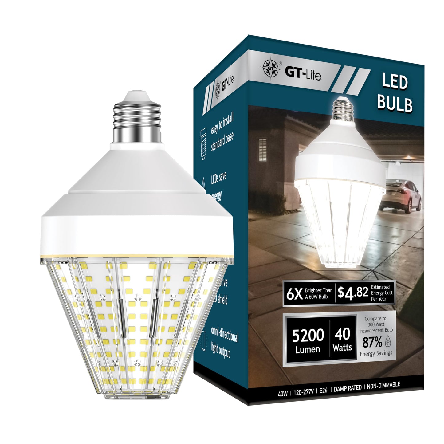 GT-Lite 5200 Lumen LED Corn Cob Light Bulb, 40-watt, 300-watt Equivalent, Daylight 5000K Light Color, E26 Base, Garage Light Bulb, Energy Saving LED