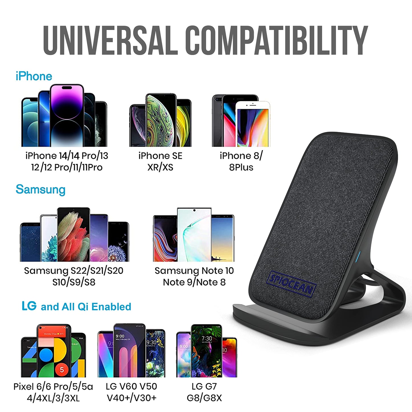 SPIOCEAN Fast Wireless Charger, Qi-Certified 10W Max Wireless Charging Stand Compatible with iPhone 16/15/14/13/12/11 Max/Pro/Mini/SE 2022, Samsung