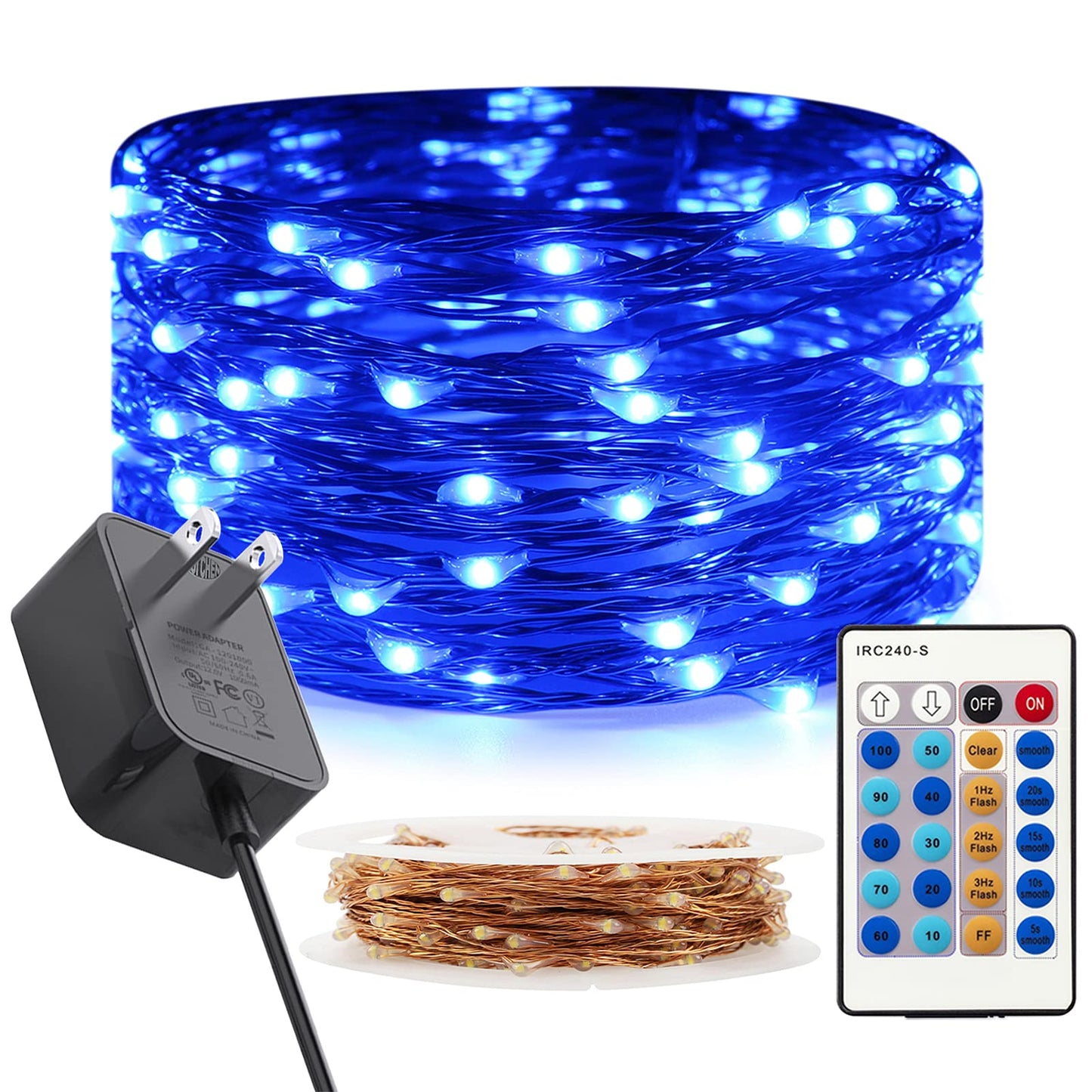 RUICHEN Dimmable Copper Wire 33 Ft 100 LED Fairy String Lights Plug in with Remote, Blue