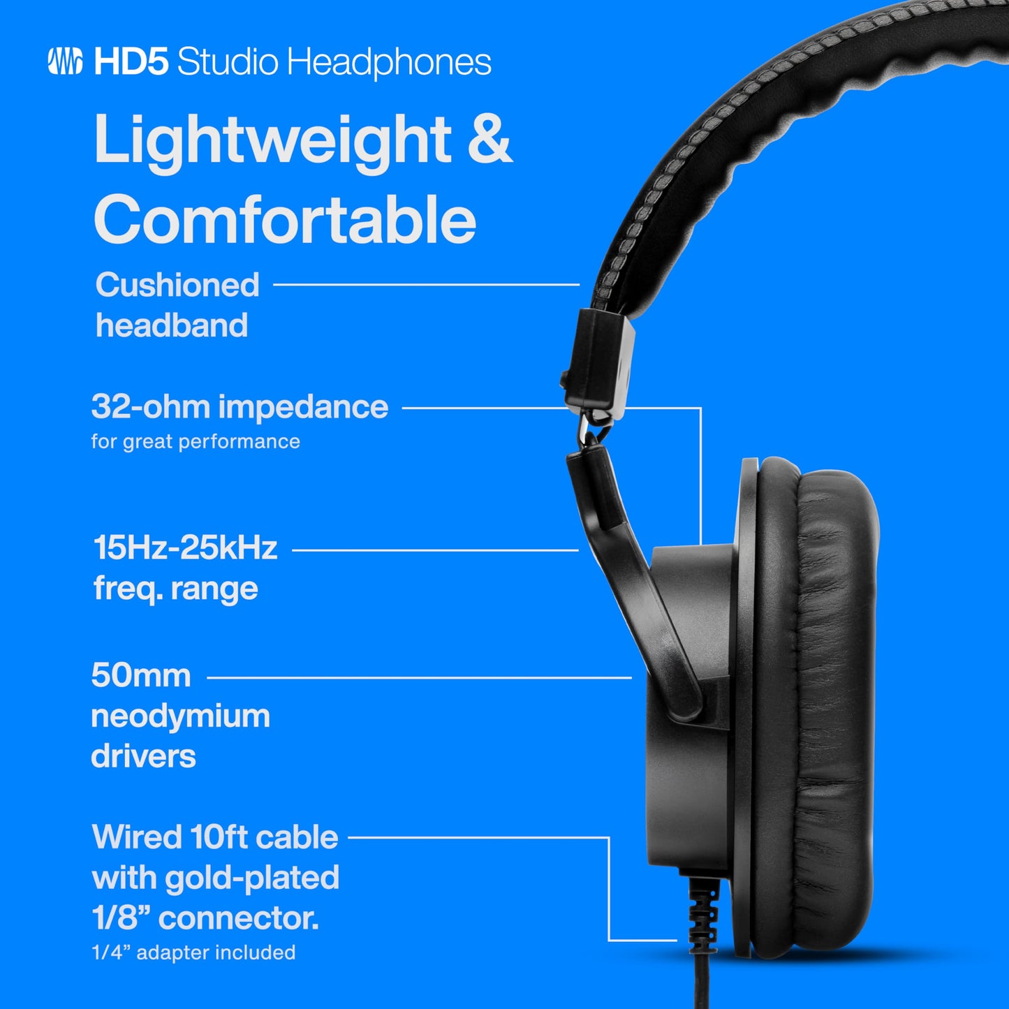 PreSonus HD5 Professional Monitoring Headphones -Wired, Closed-Back, Over-Ear Studio Recording Headphones for Professional Mixing and Monitoring