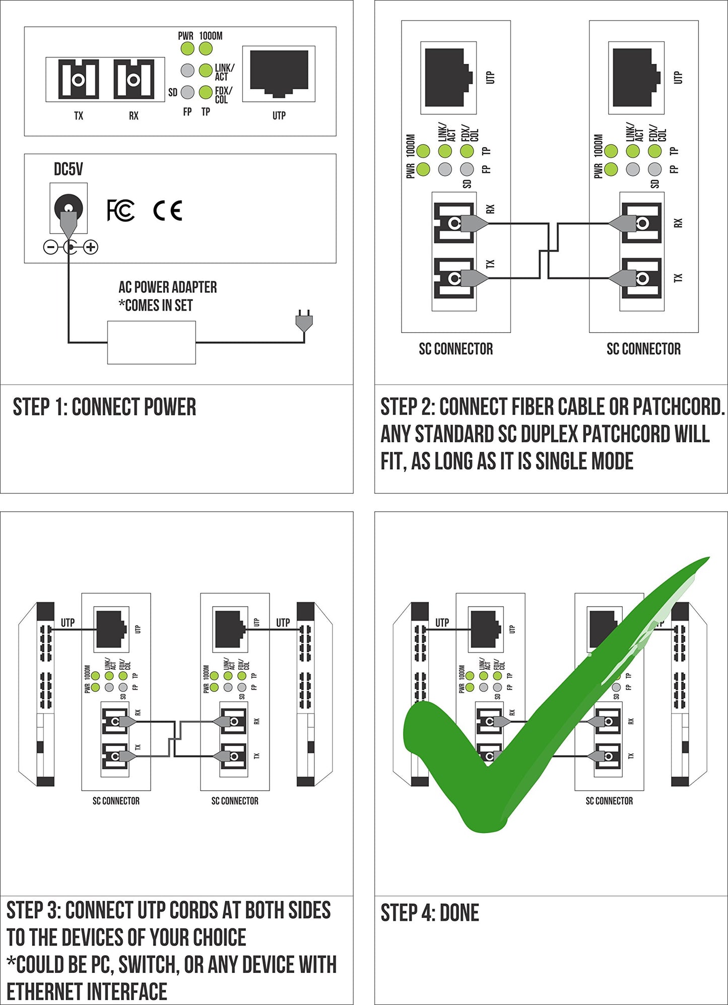 Single Mode Gigabit Fiber Media Converter - Built-In Fiber Module 20 km (12.42 miles) SC - to UTP Cat5e Cat6 10/100/1000 RJ-45 - Auto Sensing Gigabit
