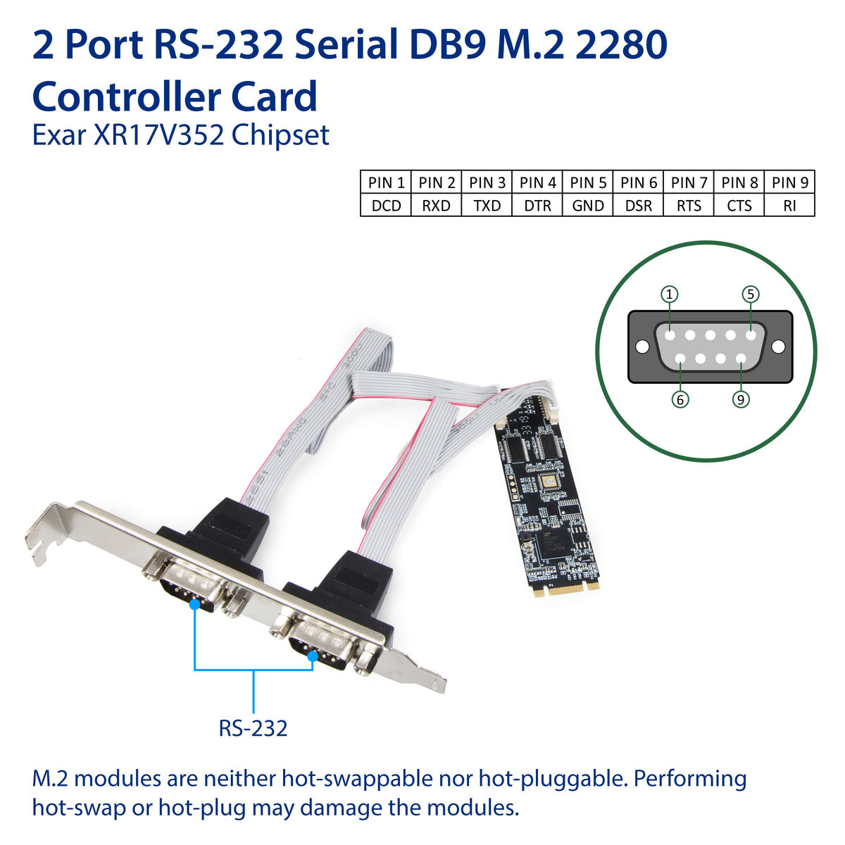 IO CREST 2 Port RS-232 DB9 Serial M.2 B+M Key Controller Card SI-ADA15069