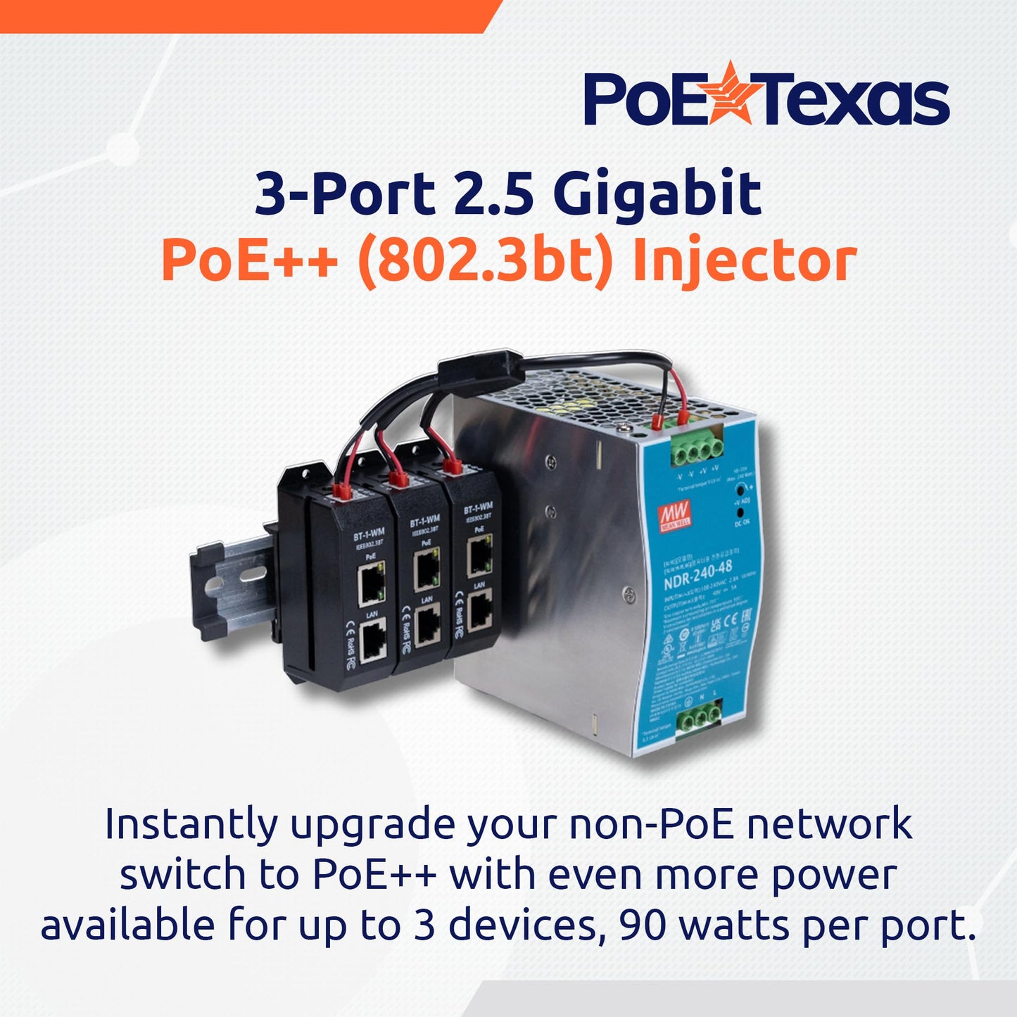 PoE Texas 3-Port 2.5 Gigabit PoE++ Injector with 90W Per Port, Up to 328 Ft - 10/100/1000/2500Mbps Wall Mount or DIN Rail Mount 802.3af/at/bt PoE