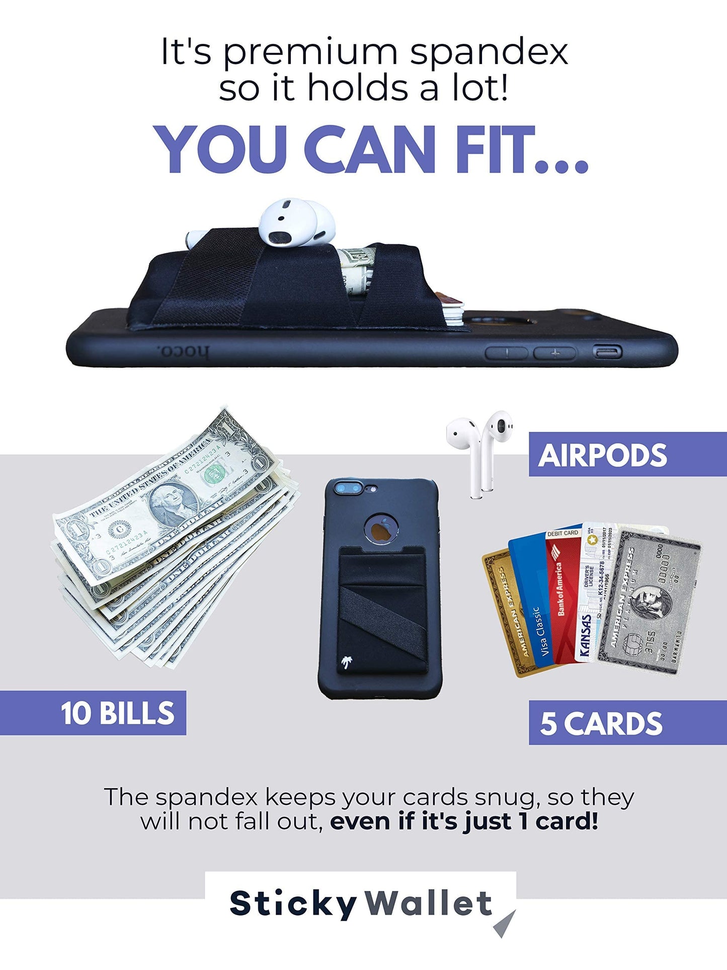 LIFESTYLE DESIGNS The StickyWallet - Premium Spandex Stick-on Phone Wallet Card Holder for any Case - Unique Double Pocket Design + Finger Strap (1