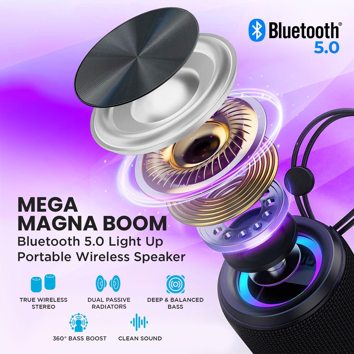 Vital Tech Mega Magnaboom Small Bluetooth Speaker | Portable 5.0 Bluetooth Waterproof Speaker | Wireless, LED Lights, Enhanced Bass, Indoor/Outdoor