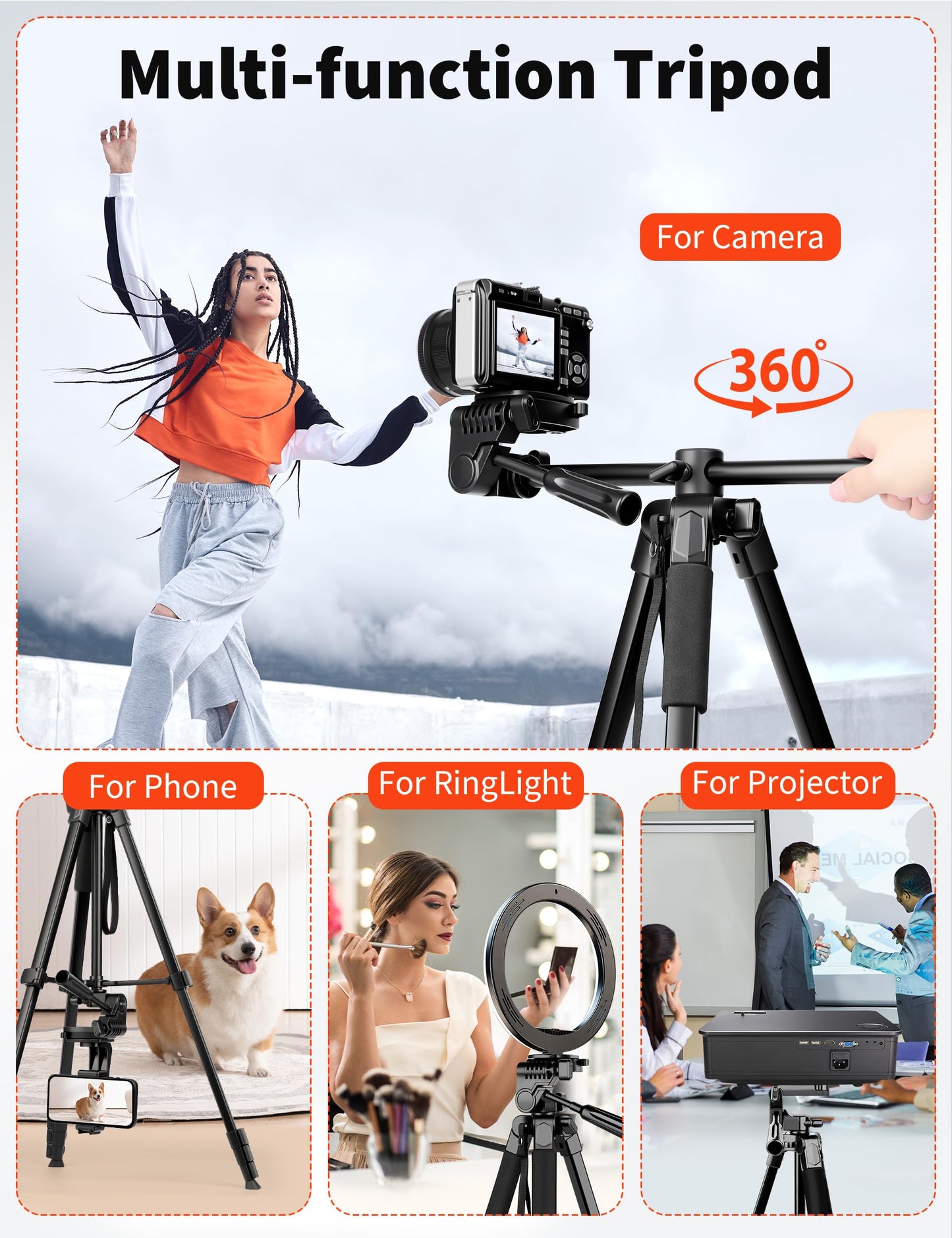 Nineigh 75" Phone Tripod Stand, Overhead Tripod for iPhone with Remote, Portable Horizontal Mount for Video, Live Streaming & Vlogging, Compatible