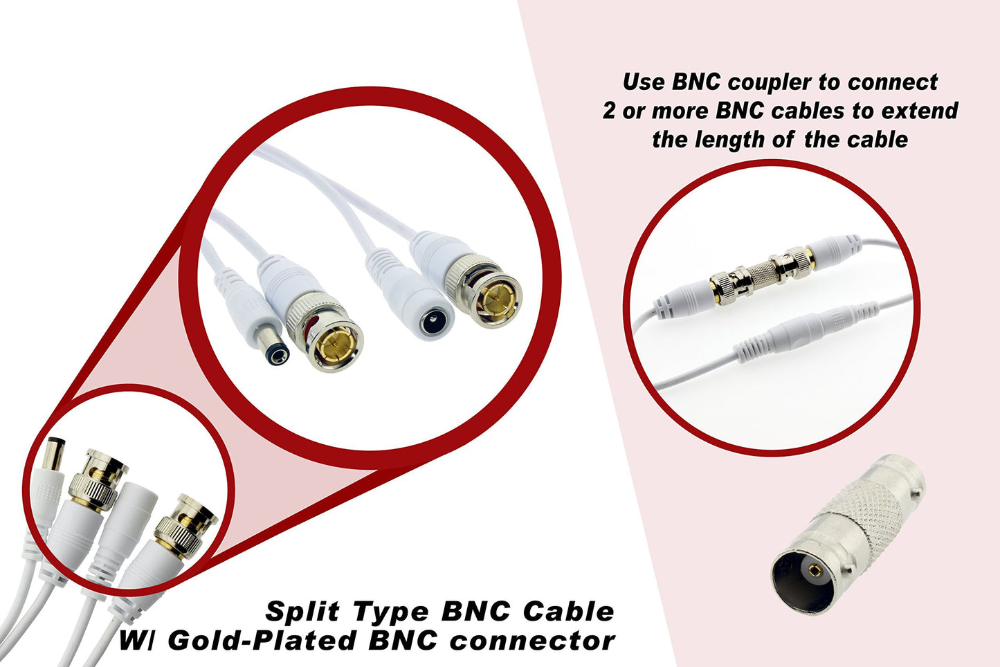 Crystal Vision Premium 1080P HD BNC CCTV Surveillance Security Camera Combo Cable Premade Siamese W/Coupler for Samsung, Lorex, Swann, Q-See