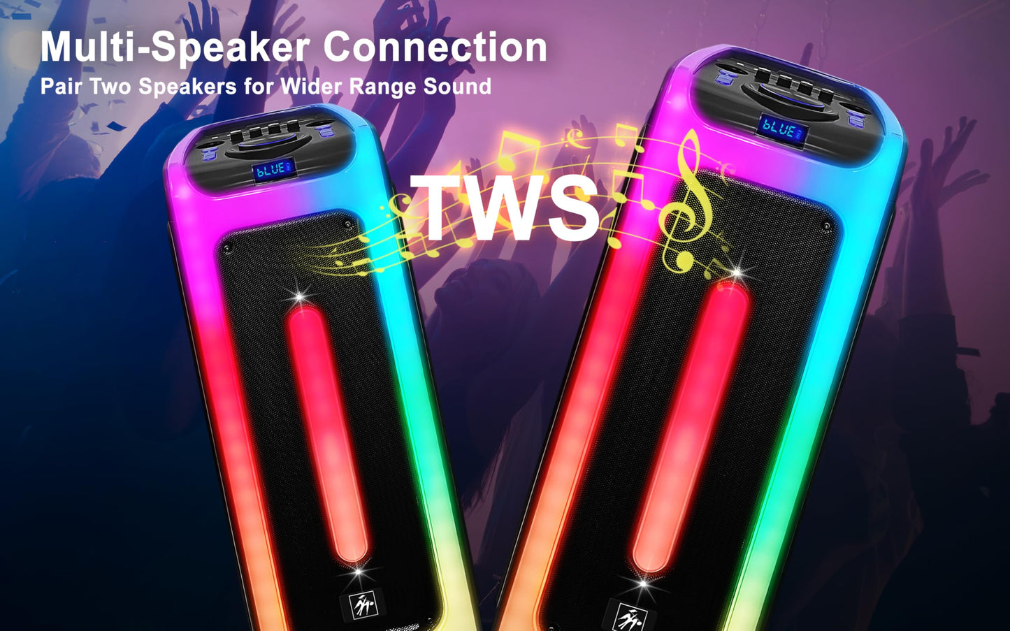 Fisher Bluetooth PA Stereo Speakers System-Karaoke Portable Wireless DJ, Dual 8" 80W Peak Power, Loud HD Sound & LED Lights, Rechargeable, TWS, 2 USB