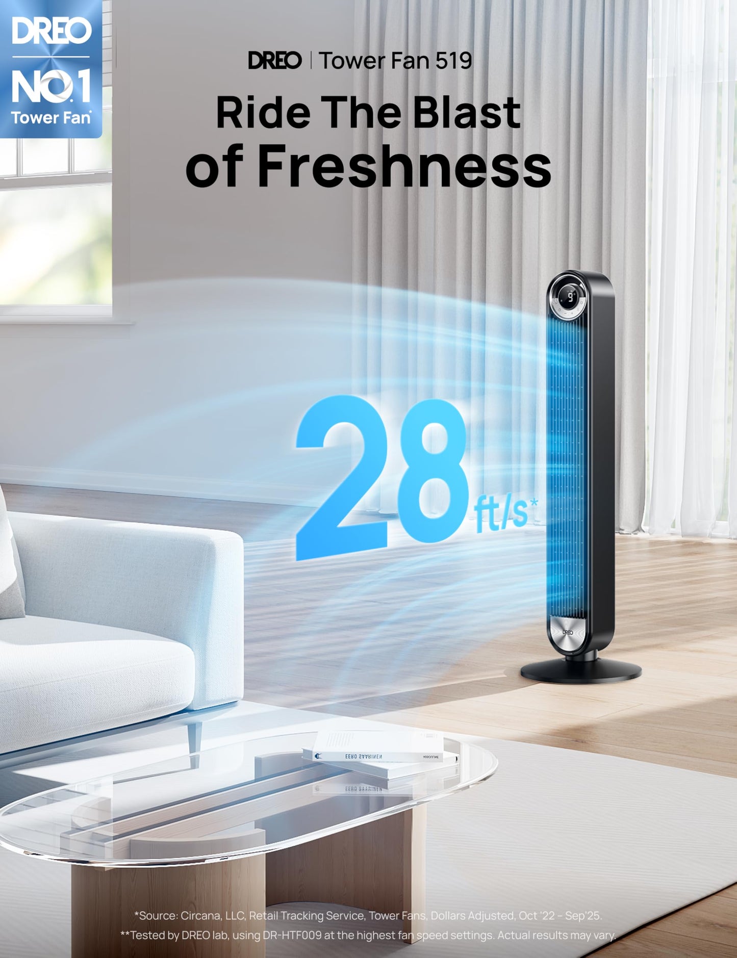 DREO Tower Fan for Bedroom, Upgraded DC 28ft/s Velocity, 9 Speeds