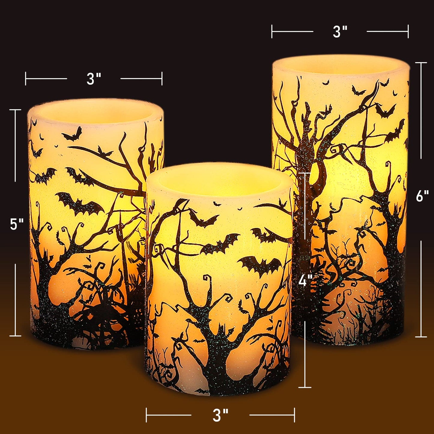 FLAVCHARM Halloween Decor Flameless Candles Set of 3 Black Spooky Bats Decal Flickering Battery Operated with Remote Real Wax LED Pillar Candles