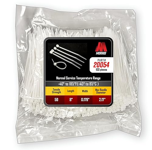 Morris Nylon Cable Ties Ð 8-Inch Ð 50 lb. Tensile Strength Zip Ties, UL-Approved Nylon 6/6 Wire Ties, Heat & Flame Resistant, Professional Cable