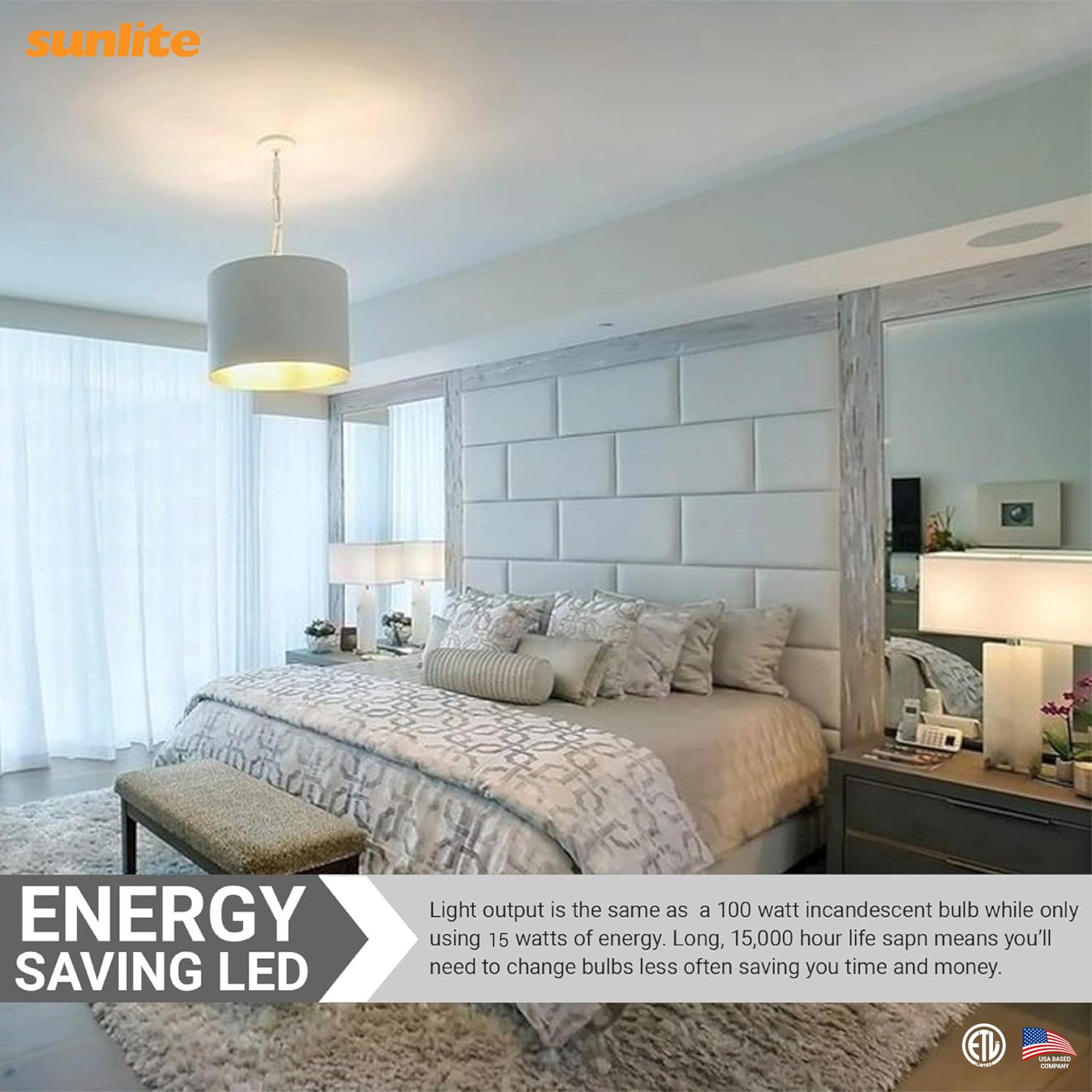 Sunlite LED A19 Light Bulbs, 15 Watts (100W Equivalent), 1500 Lumens, Medium Base (E26), Non-Dimmable, ETL Listed, 3000K - Warm White, 6 Pack