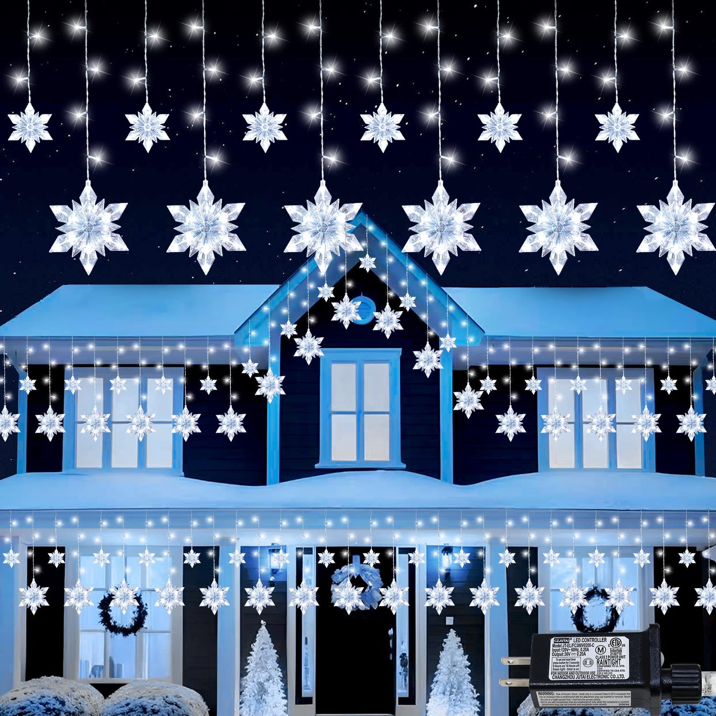 Pellimo Snowflake Christmas Lights Outdoor, 8.2ft 144 LED Connectable Xmas String Light Plug in, Hanging Icicle Lights for House, Eaves, Outside
