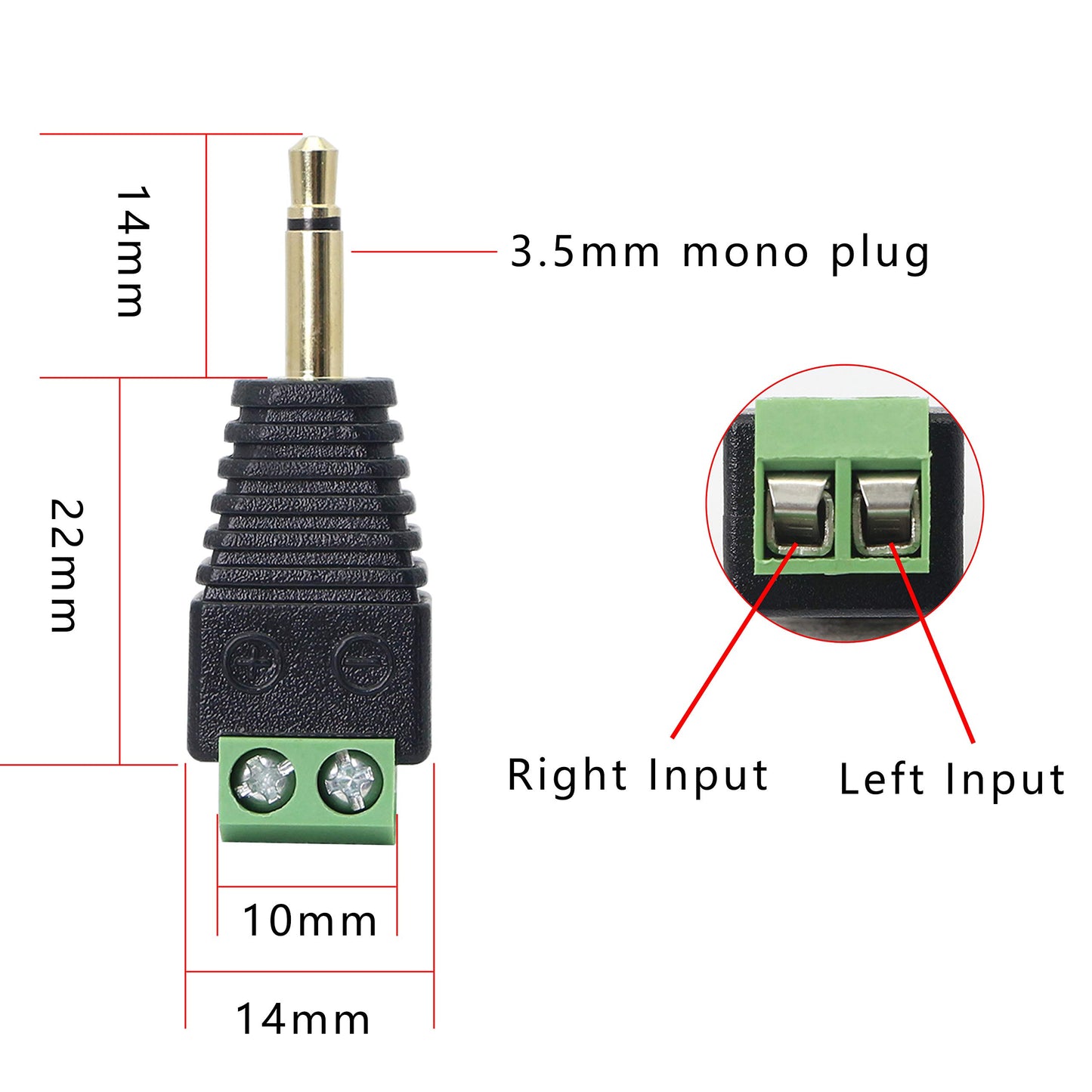 GELRHONR 3.5mm Mono Male to 2 Pin Screw Terminal, 1/8 Inch Stereo TS Audio Plug Screw Block Solderless Balun Connectors for Headphone Headset