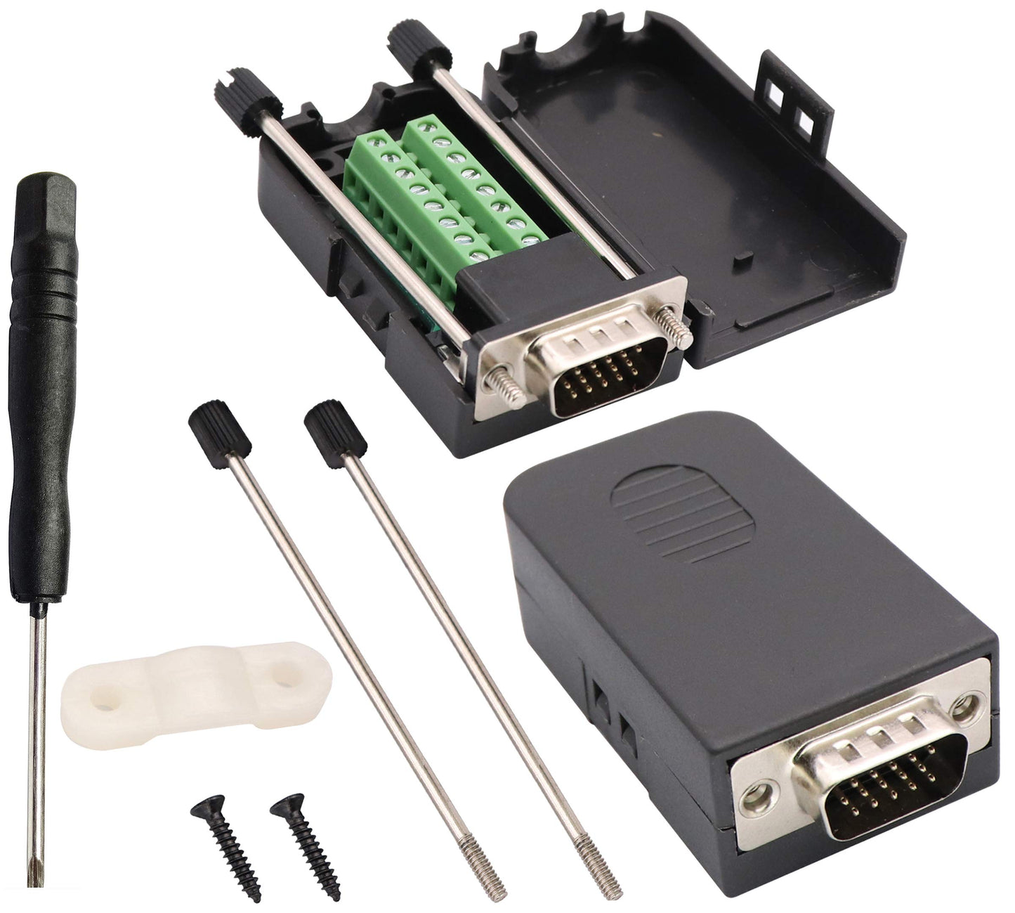 AAOTOKK VGA Screw Terminal Block Adapter D-SUB 15 Pin 3 Row DB15 VGA Male to 16 Pin/Way Female Serial Terminal Breakout Board Connector Signal Module