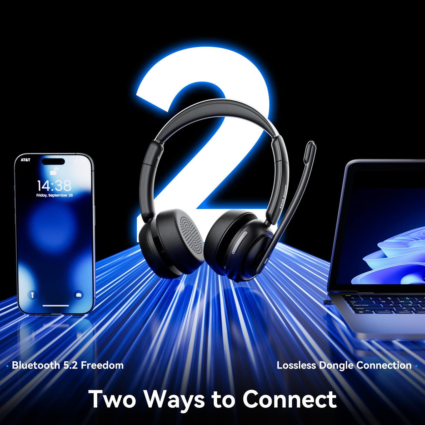 Waxop Wireless Headset with Mic for Work, Bluetooth Headset with Noise Cancelling Mic & Mute Button, Wireless Headsets with Mic for Remote
