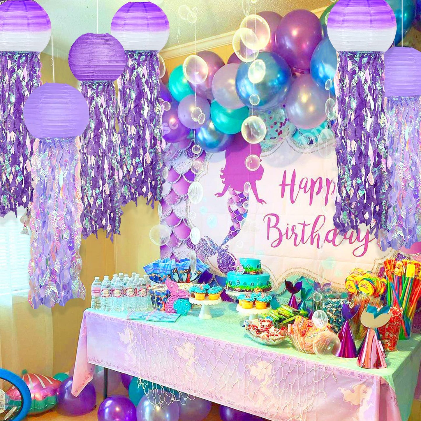 6 Packs Jellyfish Paper Lanterns Hanging Mermaid Wishes Lantern Gradient Purple Lavender Purple Ocean Theme Party Supplies Great for Kids Birthday