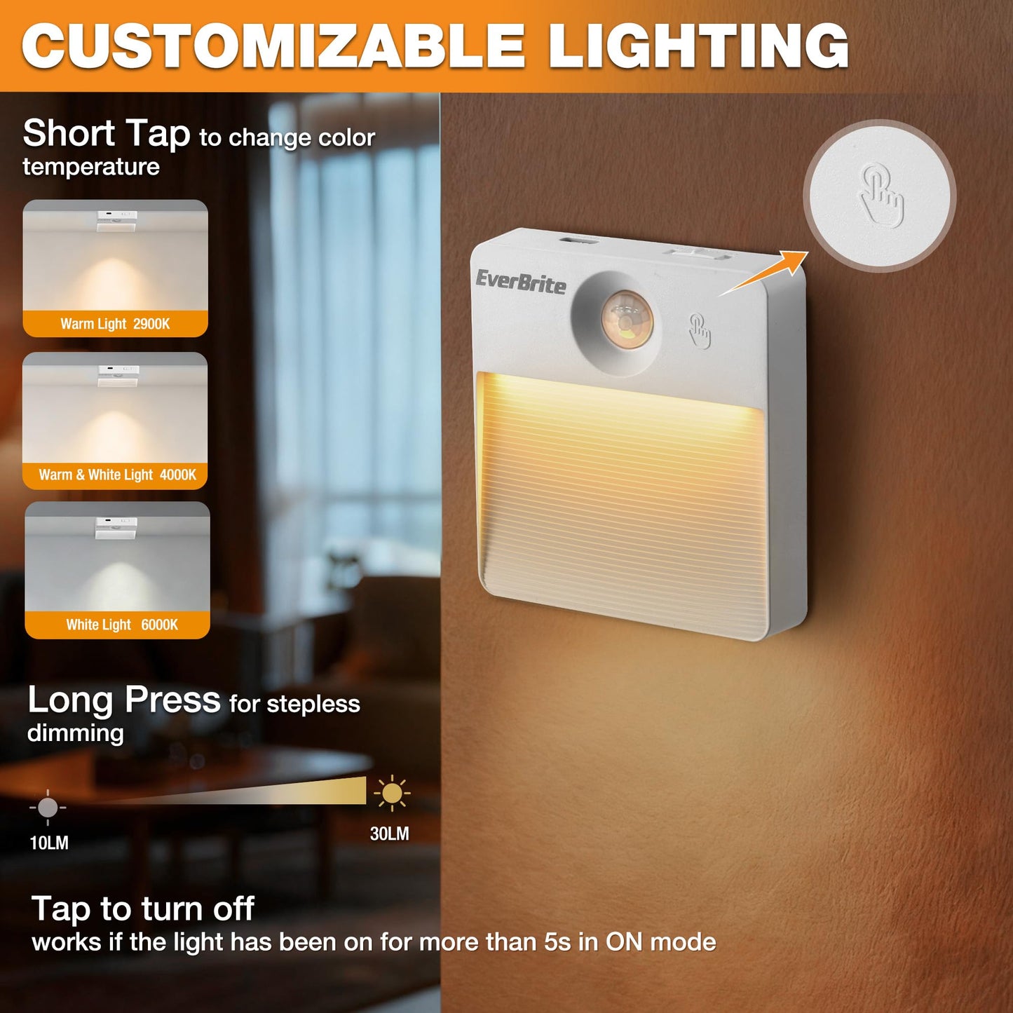 EverBrite Rechargeable Square Motion Sensor LED Night Light, Motion Activated LED Night Light with 3 Lighting Modes, Touch Control, 3 Color
