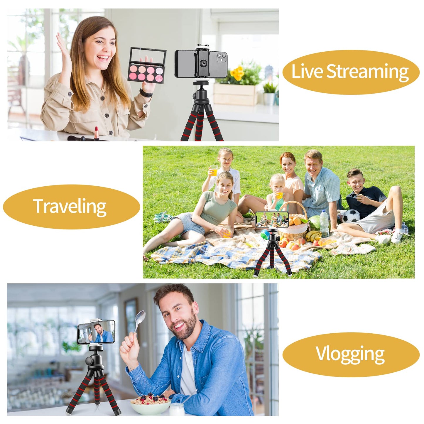 Sensyne Phone Tripod, Flexible Cell Phone Tripod with Phone Holder and Wireless Remote, Mini Travel Tripod Stand, Compatible with All Cell Phones