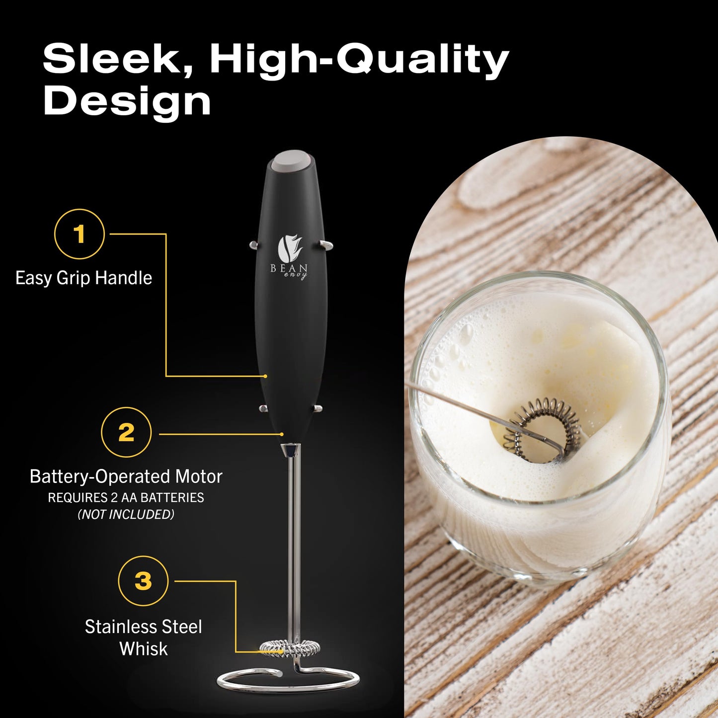Bean Envy Handheld Milk Frother – Mini Whisk & Coffee Foamer with Stand for Lattes, Cappuccino, Matcha & Hot Chocolate, Black