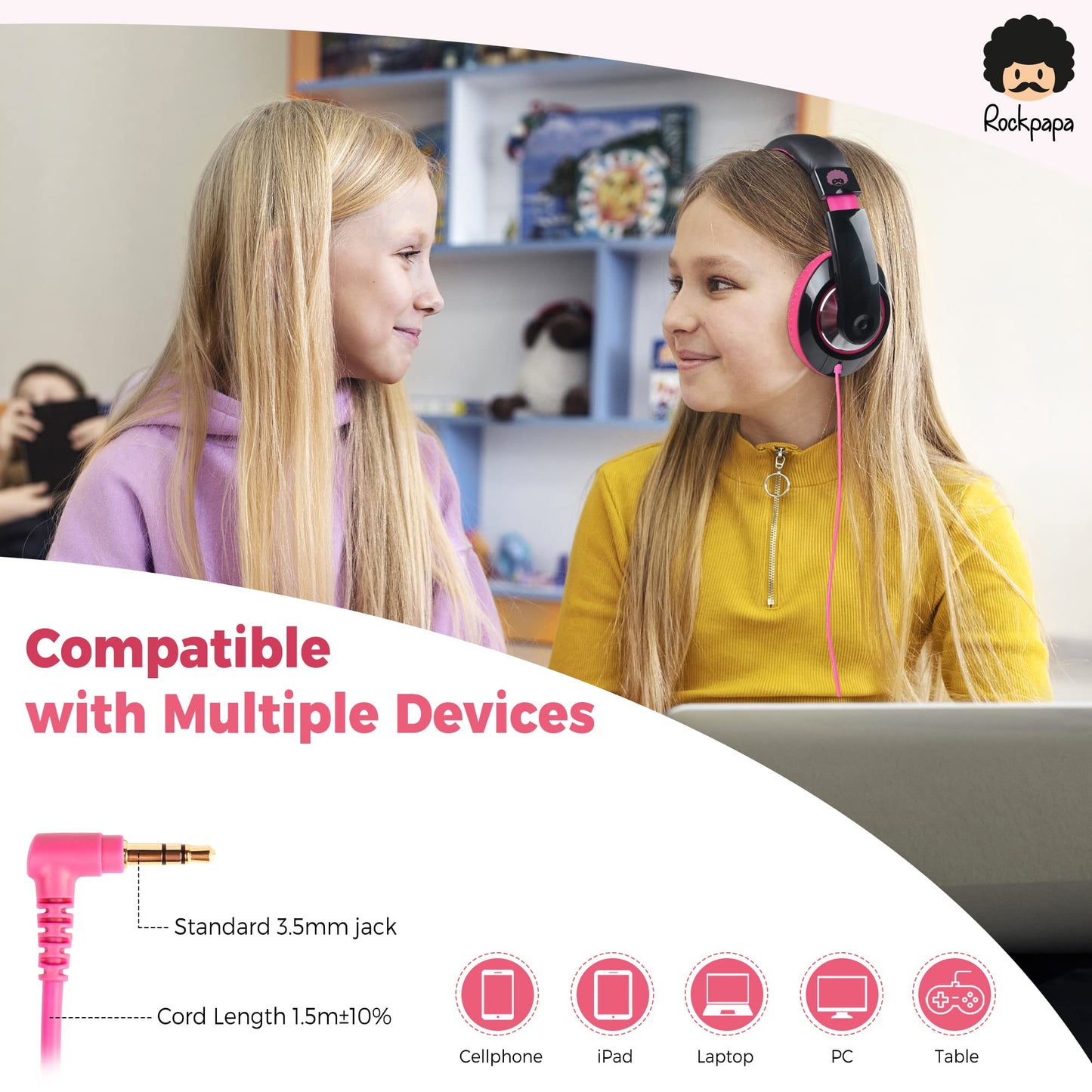 rockpapa Comfort Kids Headphones for School, Lightweight Childrens Boys Girls Teens Over-Ear Headphones Wired 3.5mm for CD DVD Player Tablet Phone…