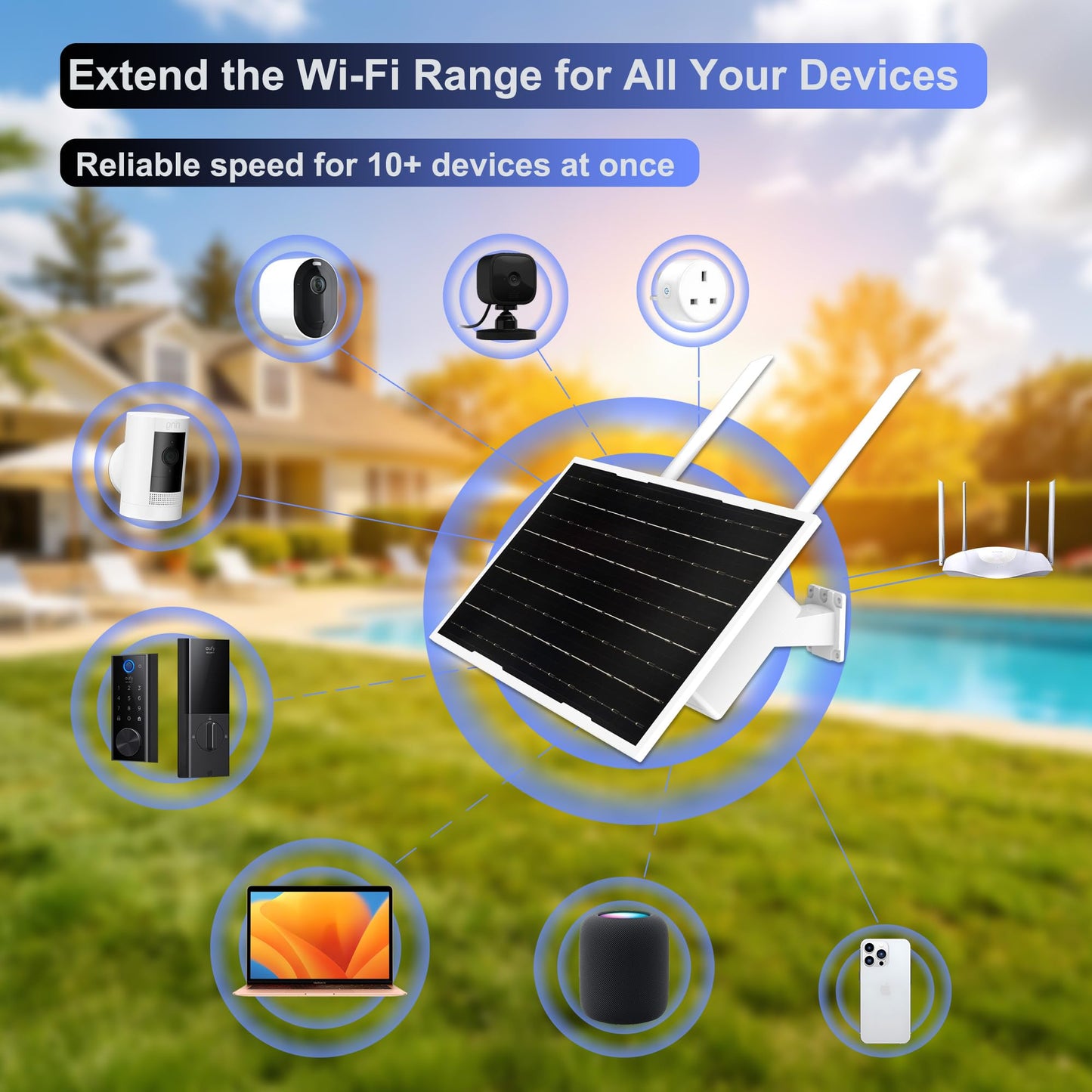 Solar WiFi Extender Outdoor - Solar Powered Long Range Signal Booster, No Wires, Easy Setup WiFi Repeater for Yard Farm Ranch RV, 2.4GHz 300Mbps