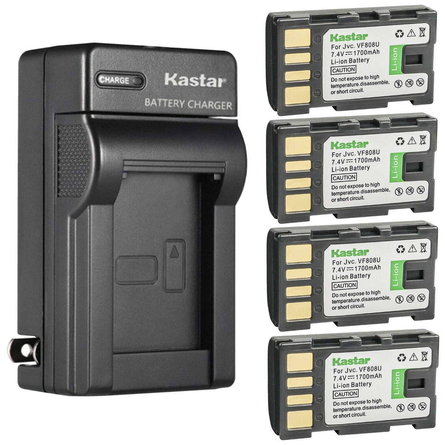 Kastar 4-Pack BN-VF808 Battery and AC Wall Charger Replacement for JVC GZ-MG330R GZ-MG330RUS GZ-MG330S GZ-MG330US GZ-MG335 GZ-MG335H GZ-MG335HUS