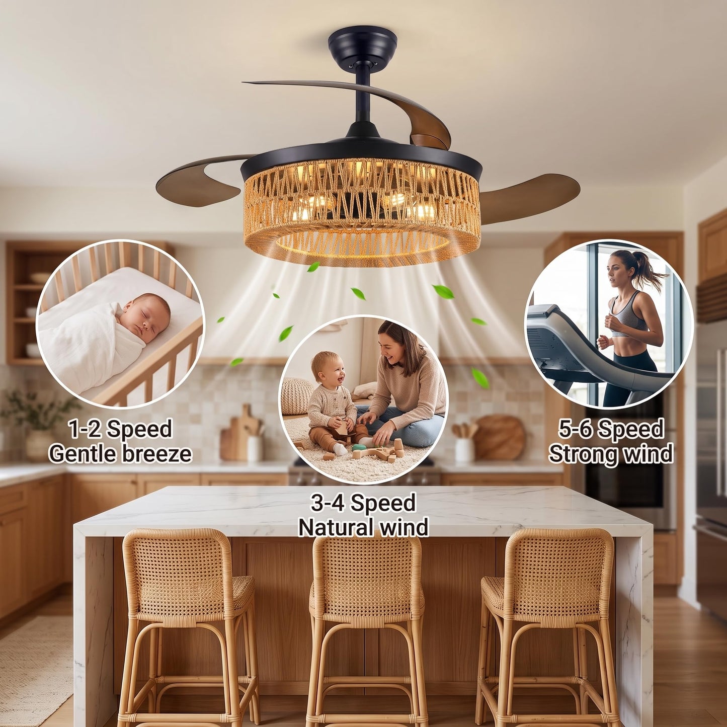 48 Inch Retractable Ceiling Fans , Boho Caged Farmhouse Ceiling Fanwith Lights and Remote, Invisible Rattan Fandelier with 6 Speeds,Timer