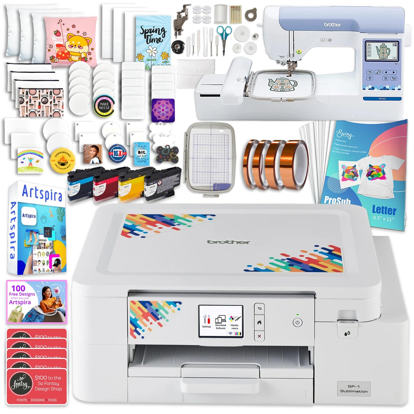 Brother SP-1 Sublimation Printer Bundle with PE900, Full Ink Set, 160 Sublimation Transfer Sheets, 50 Blanks, Tape and More