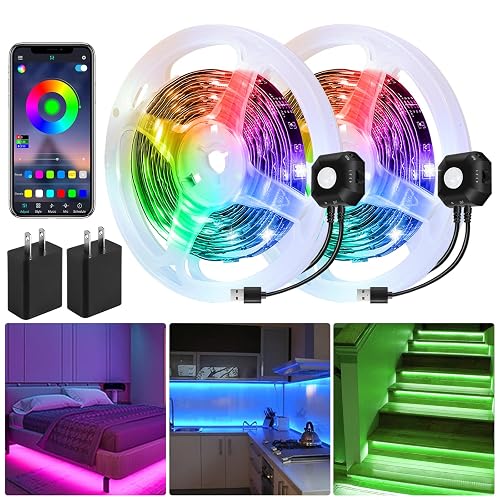 Motion Activated Under Bed Light Strips, 2x9.8ft RGB Motion Sensor LED Light Strip with App Control, USB 5V Dimmable LED Night Light with 4 Timing Off