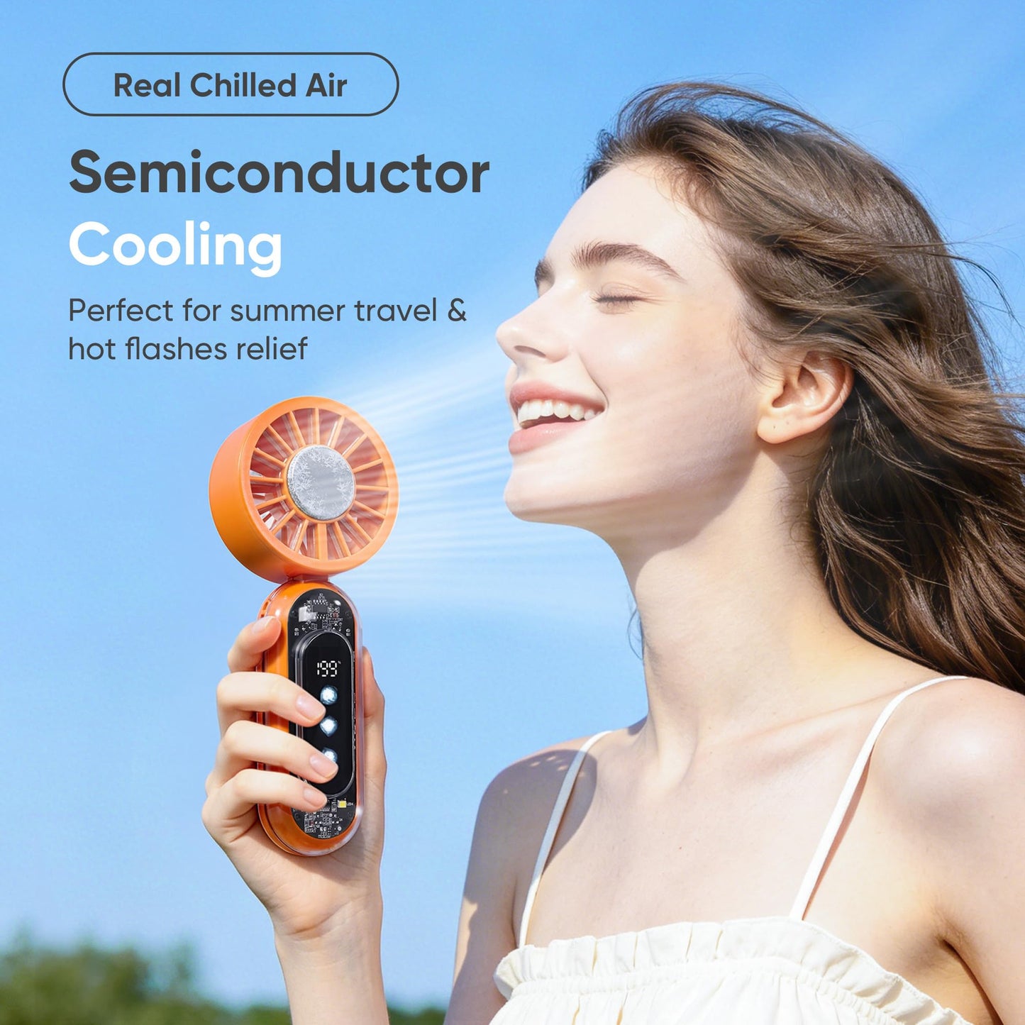 Portable Handheld Fan, Personal Mini Fan Ice Cooling, Hand Held Fan 1-199 Speeds, Rechargeable Turbo Fan Up to 19H, Makeup Fan with Flashlight & Phone