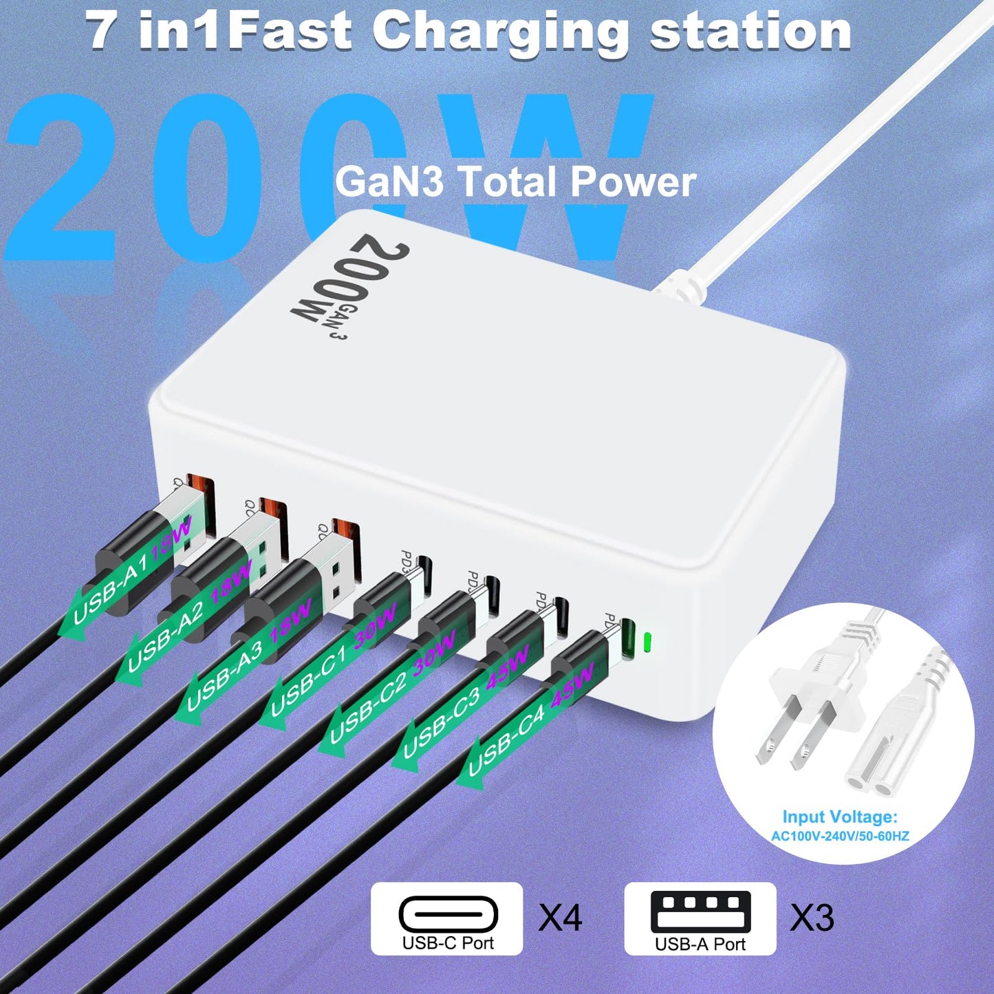 USB C Charger Station 200W 7 Port GaN Fast Charging Block, Multiport PD QC3.0 Brick Hub Compatible with Laptop MacBook Pro/Air, iPad, iPhone 17/16/15