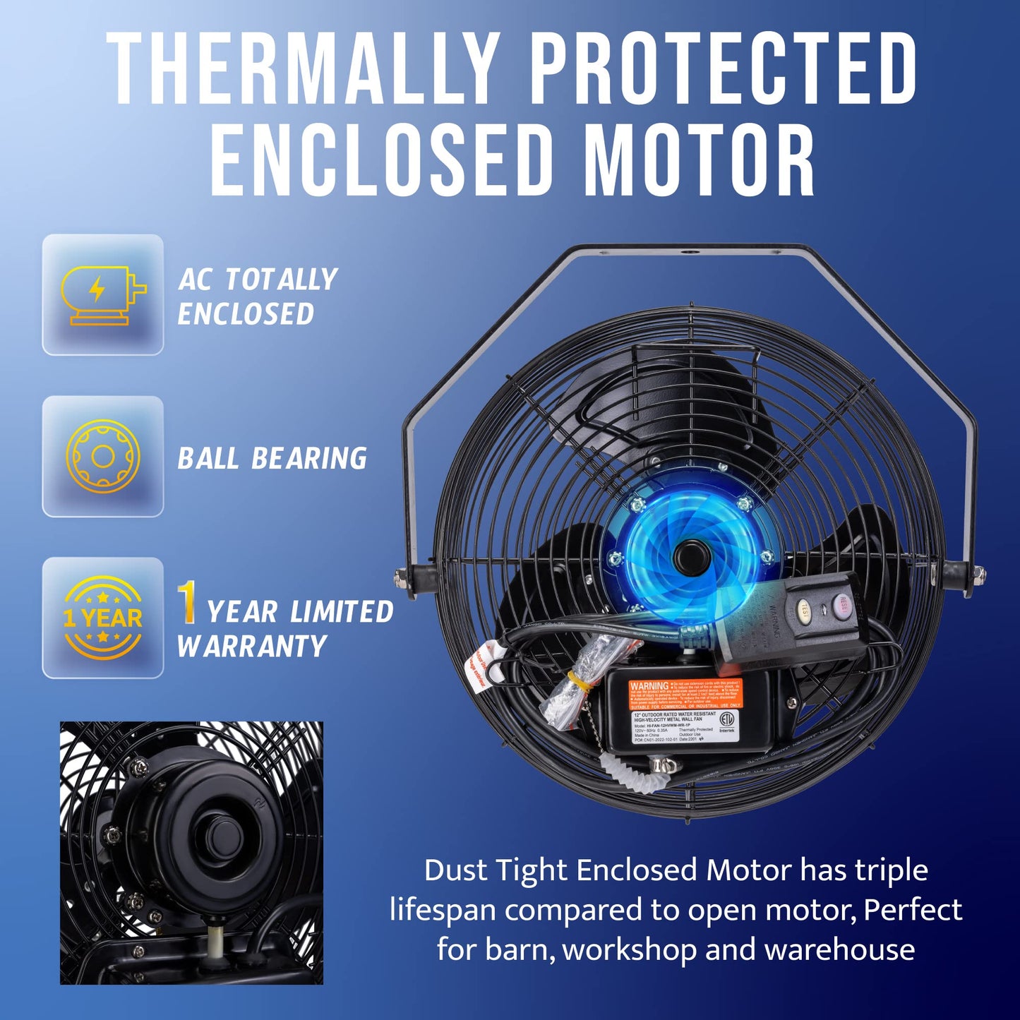 Tornado 12 Inch Outdoor Water-Resistant Metal Industrial Wall Mounted Fan IPX4 Rated High Velocity Wall Fan For Commercial, Industrial, Residential, 3
