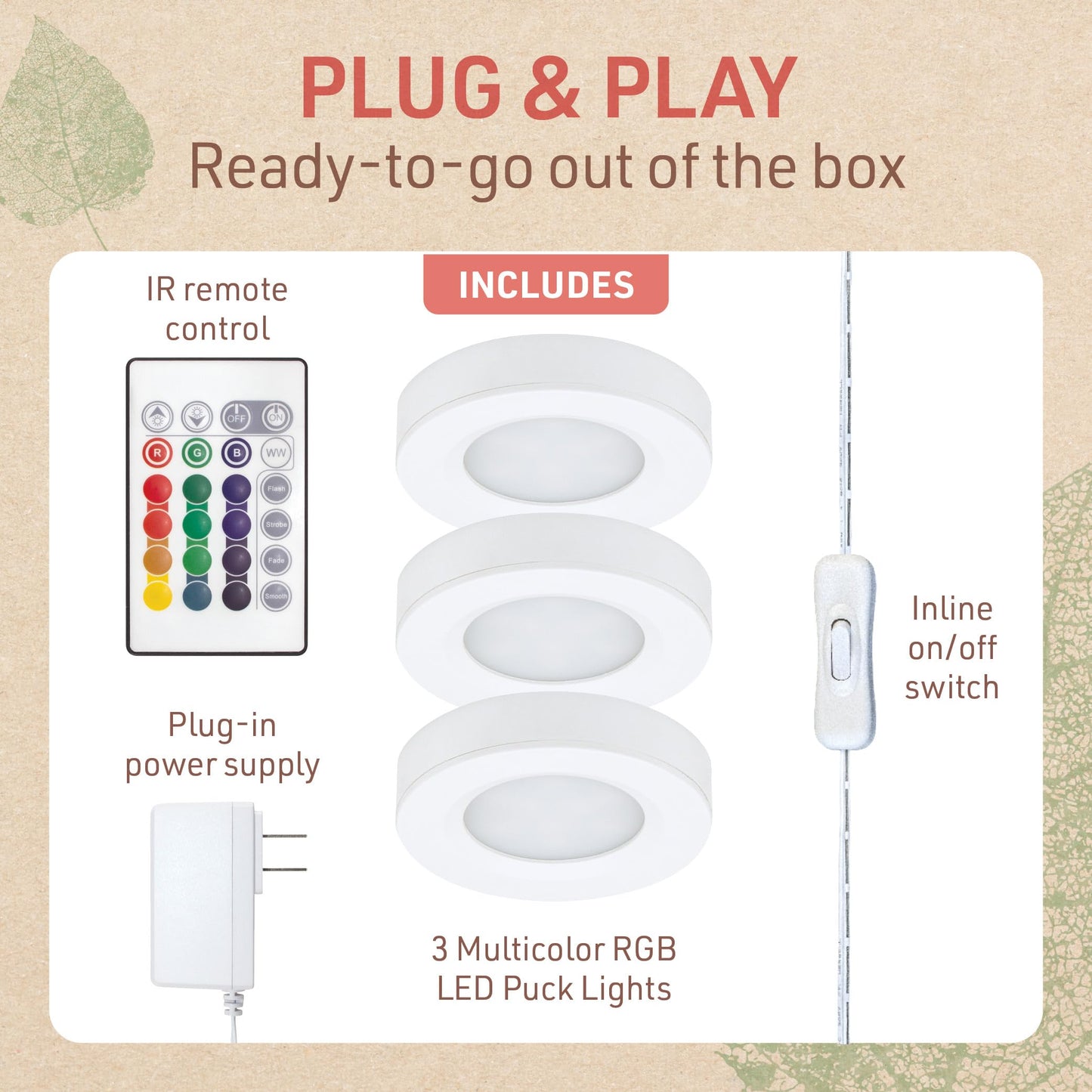 Birch Lighting Under Cabinet LED Puck Lighting Kit with 3 RGB Multicolor LED Puck Lights, Remote, On/Off Switch & Plug in 333310