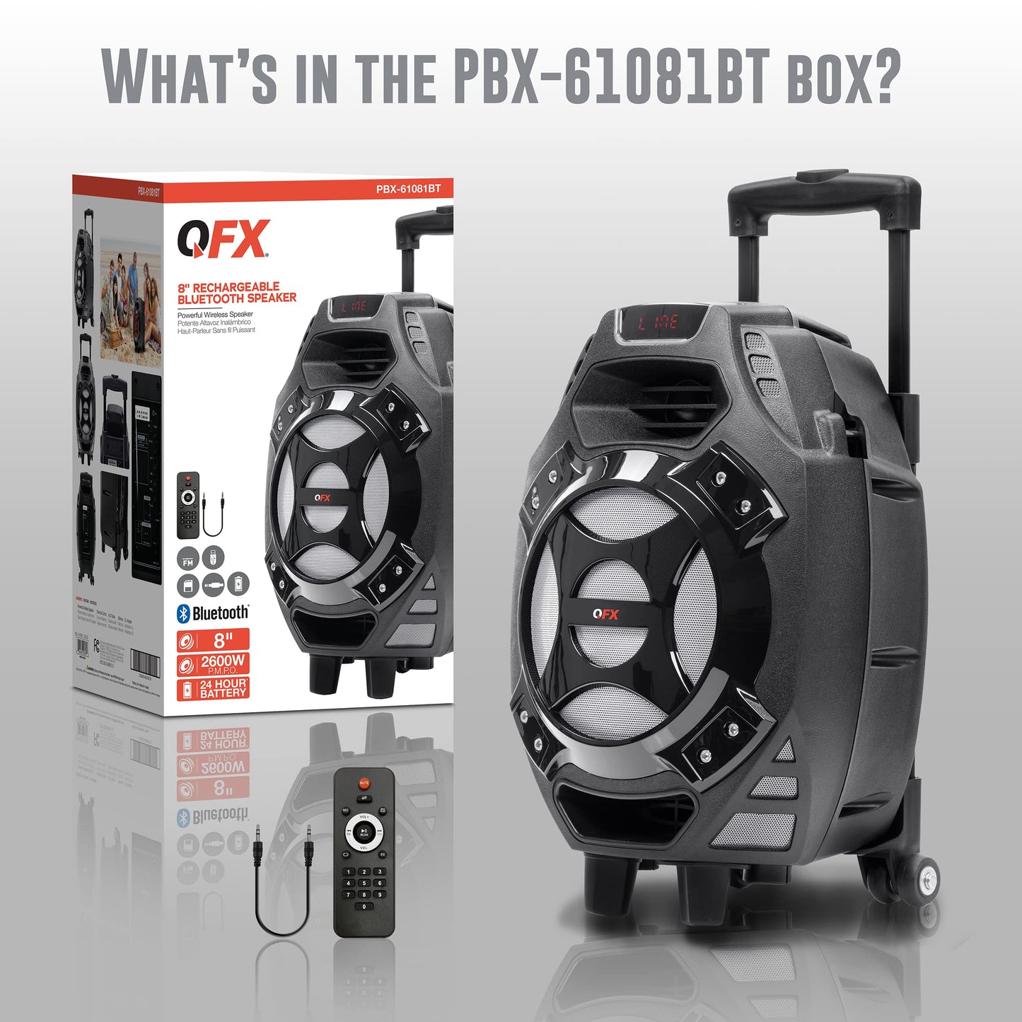 QFX PBX-61081 Rechargeable Portable Speaker | 8" Woofer | 400 Watts | Bluetooth, AUX, SD Card, FM Radio | Handle, Wheels, 12 Lbs | Perfect