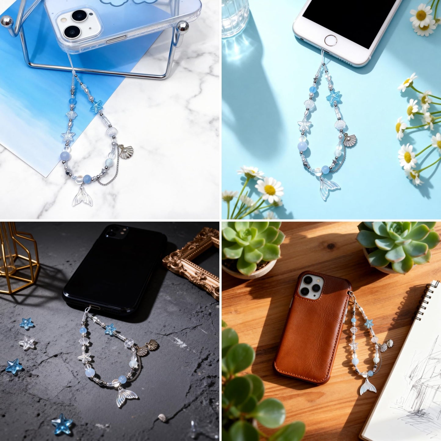QPHYFXF 2-Pack Mermaid Seashell Beaded Phone Wrist Strap, Crystal Pearl Beach Style Phone Charm, Universal Wrist Lanyard Keychain Bag Accessory