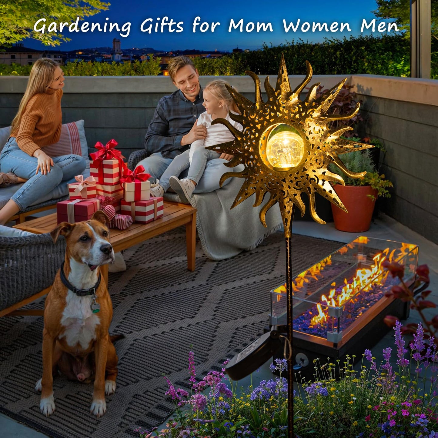 HOMEIMPRO Large Sun Solar Garden Decor Lights Outdoor Garden Gifts Mom Dad, Crackle Glass Metal Stake Backyard Decor, Waterproof LED Lights for Lawn