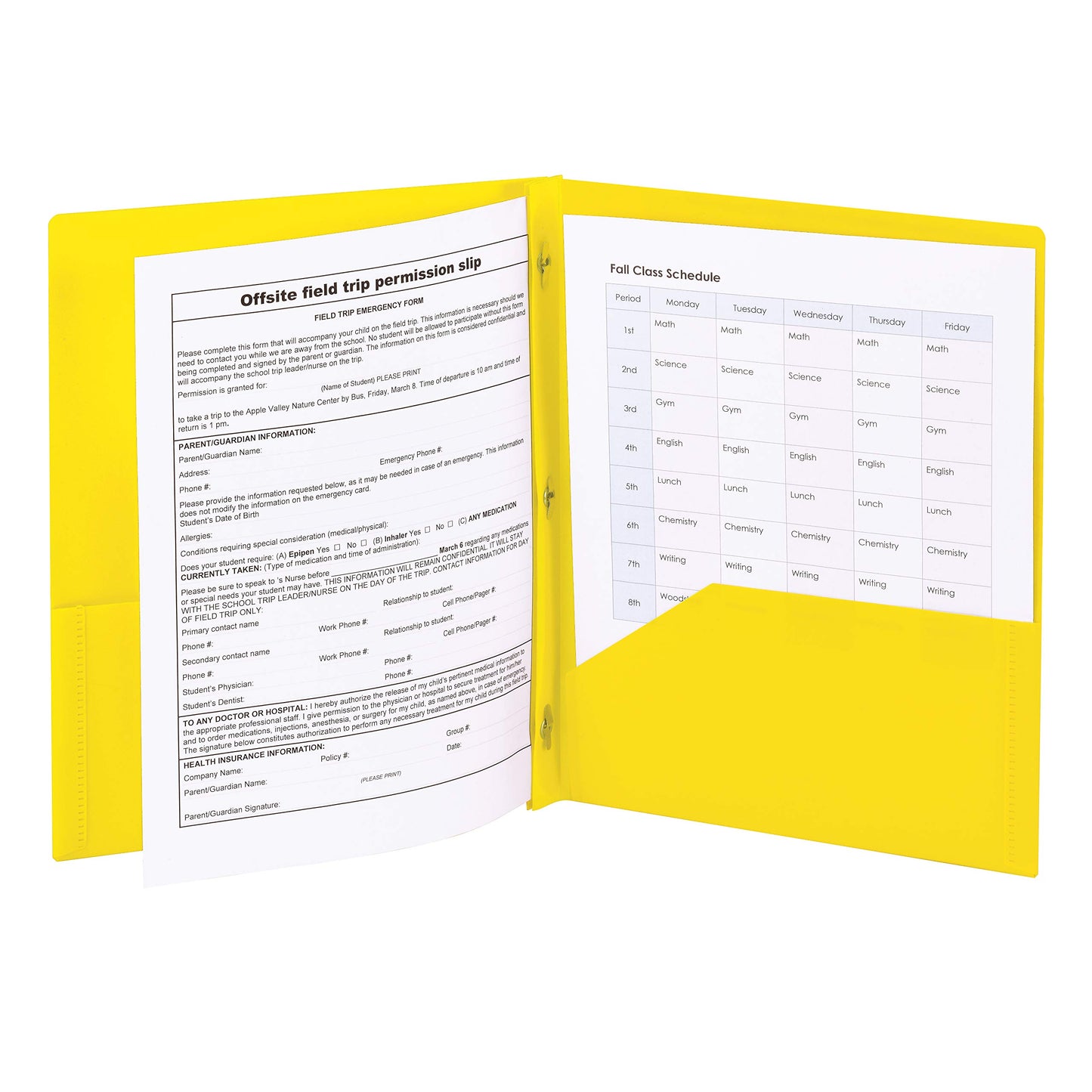 Smead Poly Two-Pocket Folder, Three-Hole Punch Prong Fasteners, Letter Size, Yellow, 3 per Pack (87733)