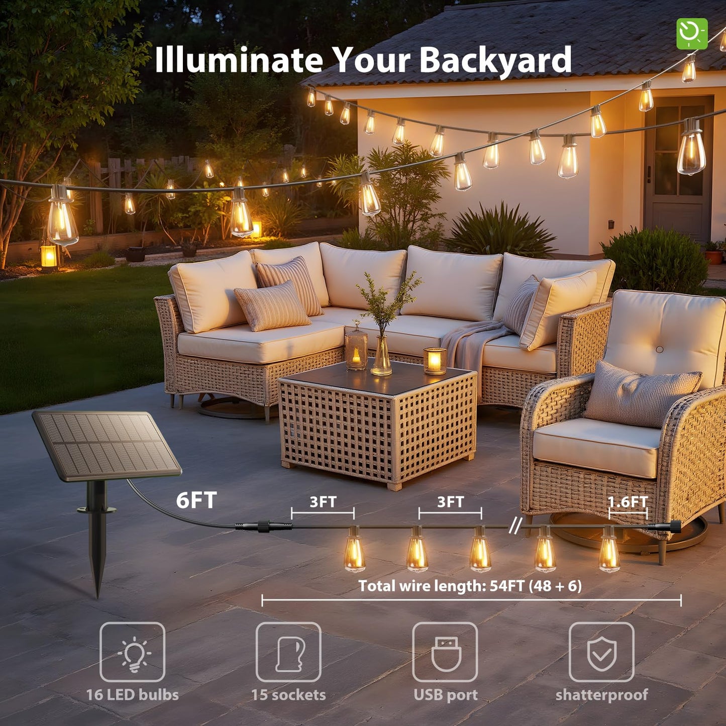 KYY 54FT Solar String Lights Outdoor Waterproof with USB Charging & Remote, Dimmable & Timable, Solar Powered Patio Lights with LED Shatterproof Bulbs