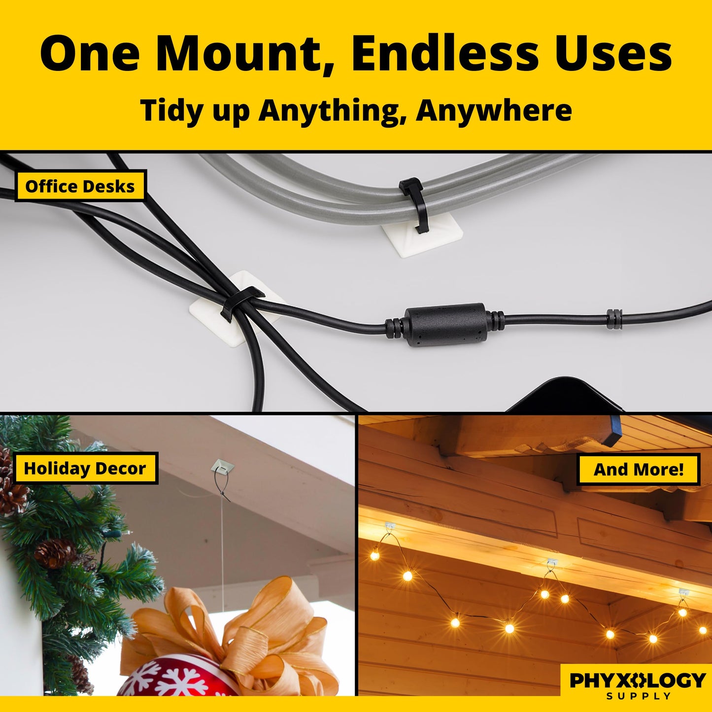 Large, Premium Zip Tie Adhesive-Backed Mounts 100 Pk by Phyxology Supply. Pro-Grade, UV White Cable Tie Bases: 1.1 in x 1.1 in. Screw-Hole Anchor