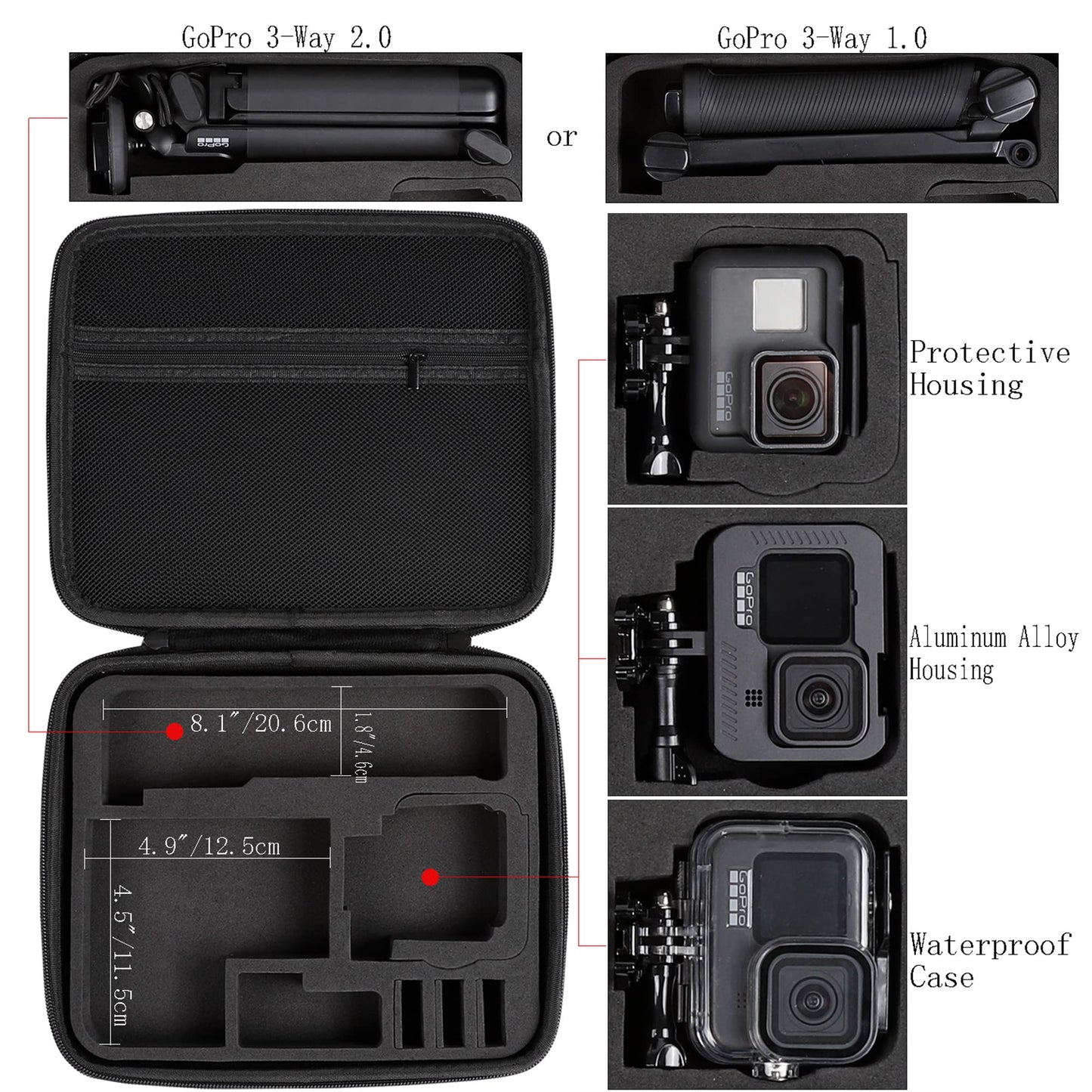 PellKing Hard Case for GoPro Hero 13/12/11/10/9/8/7/2018/6/5 Blcak/4 Silvery Action Camera, Accessories Carrying Storage Shoulder Bag With Strap