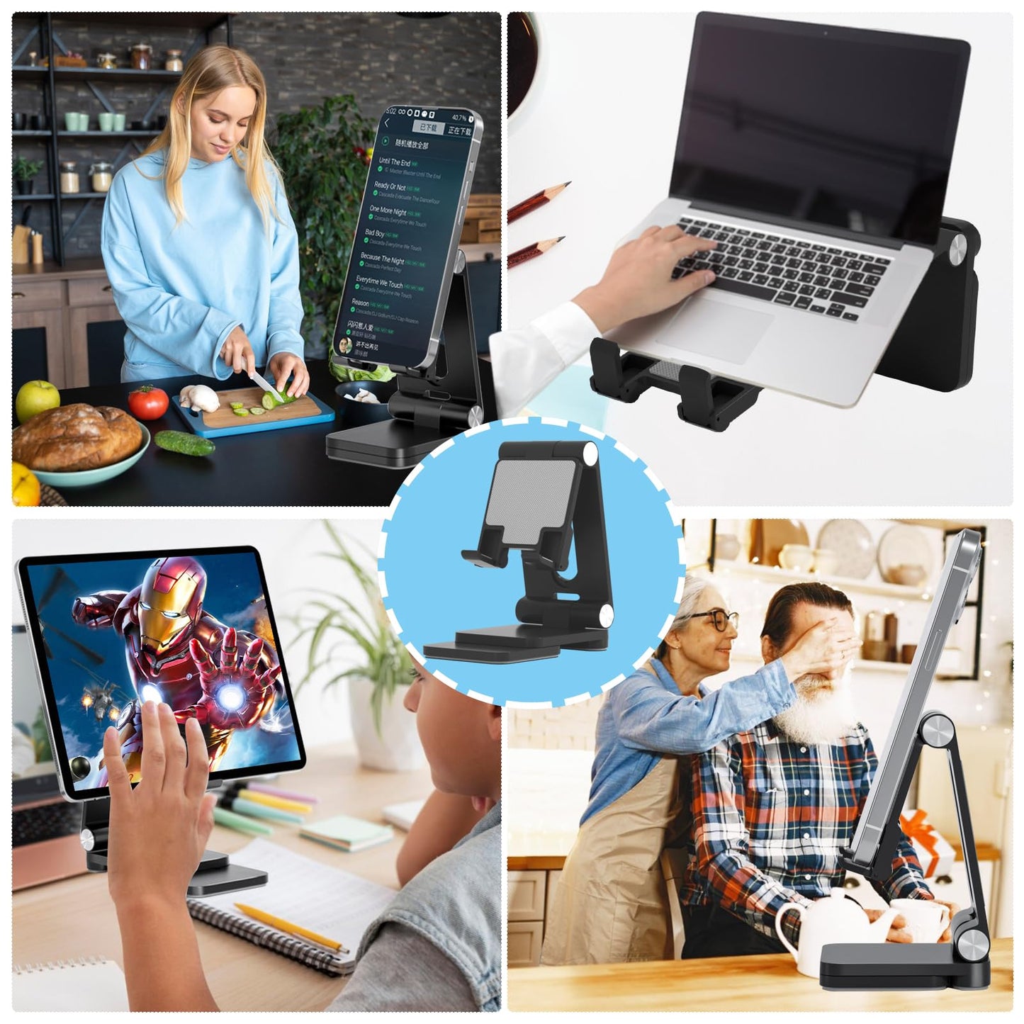 Fanlory Folding Cell Phone Stand,Laptop Stand, Adjustable Height and Angle Foldable Cell Phone Stand Holder for Desk, Taller iPhone Stand Compatible