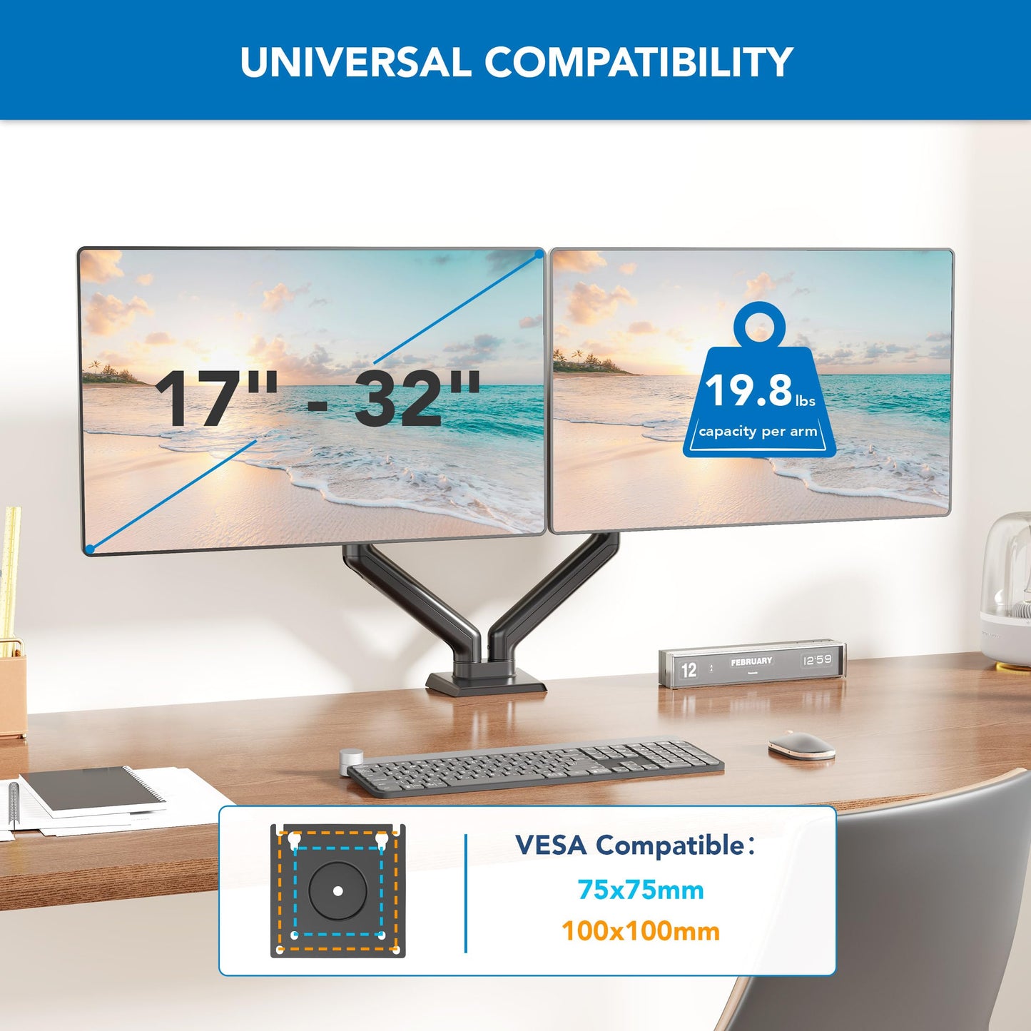 Mount-It! Full Motion Dual Monitor Mount with Spring Arms, 17" to 32", Full Motion Monitor Arm with Tilt, Rotation, Swivel, Height Adjustment, Clamp