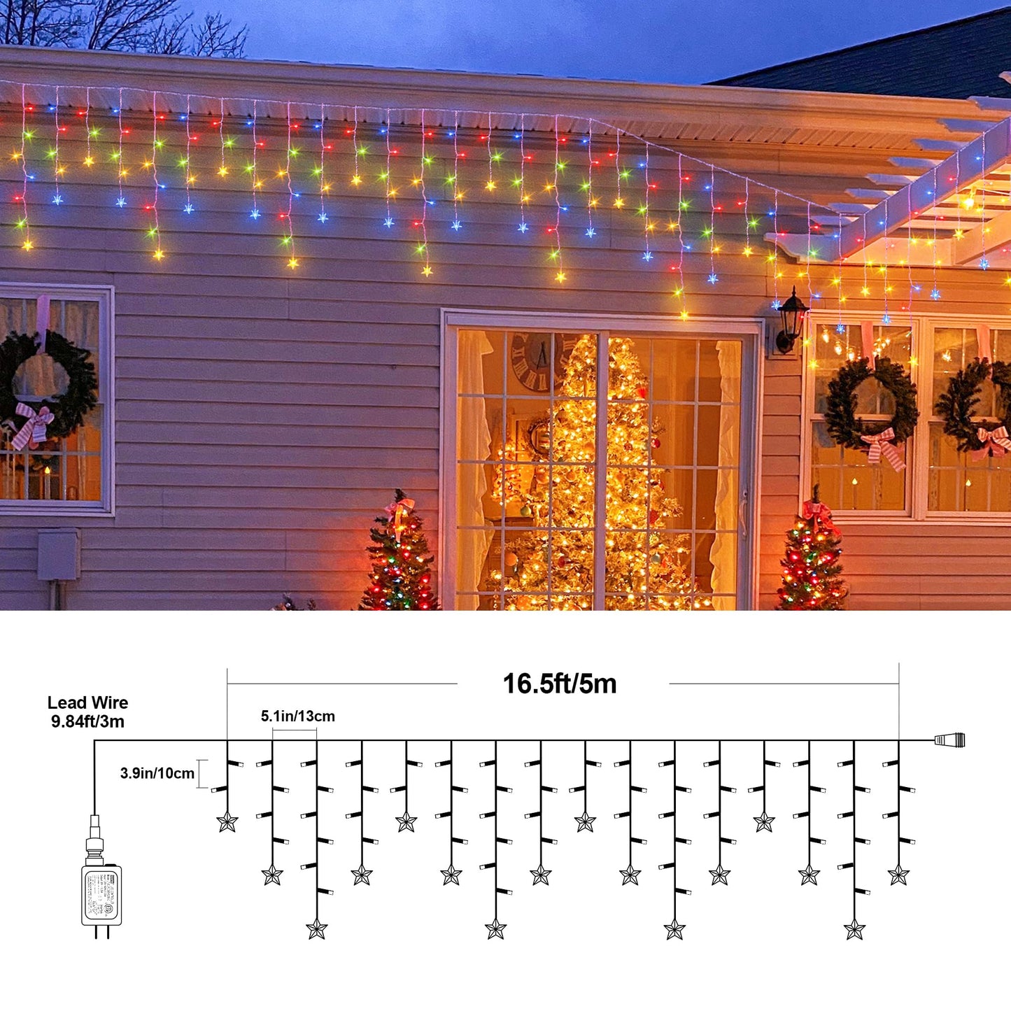 oopswow 200 LED Icicle Christmas Lights with Star,16.5FT Curtain Fairy Lights 40 Drops 8 Modes with Timer, Star Christmas Lights