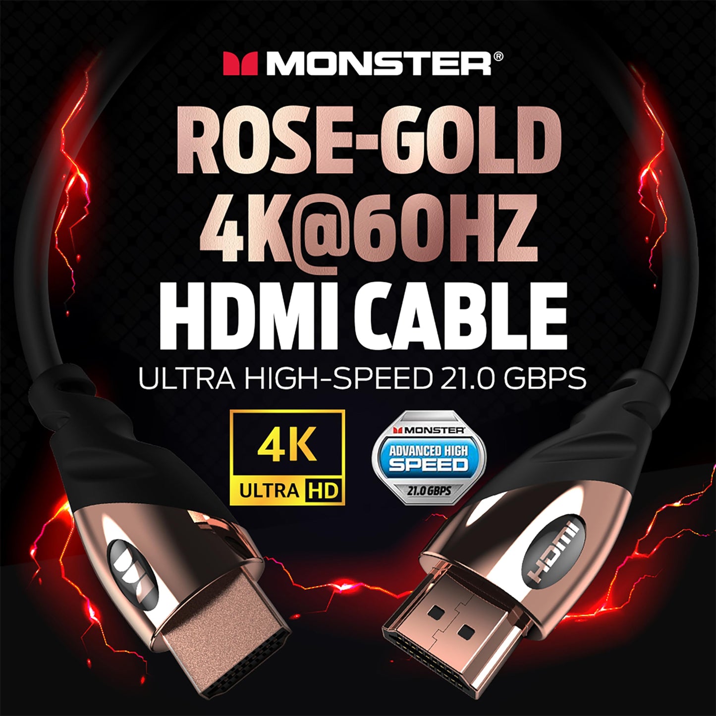 Monster Rose Gold HDMI Cable 4K Ultra HD - Works with Xbox Series X, PlayStation 5, Nintendo, Apple TV HDMI Cable - 24K Gold Contacts, High Speed 21