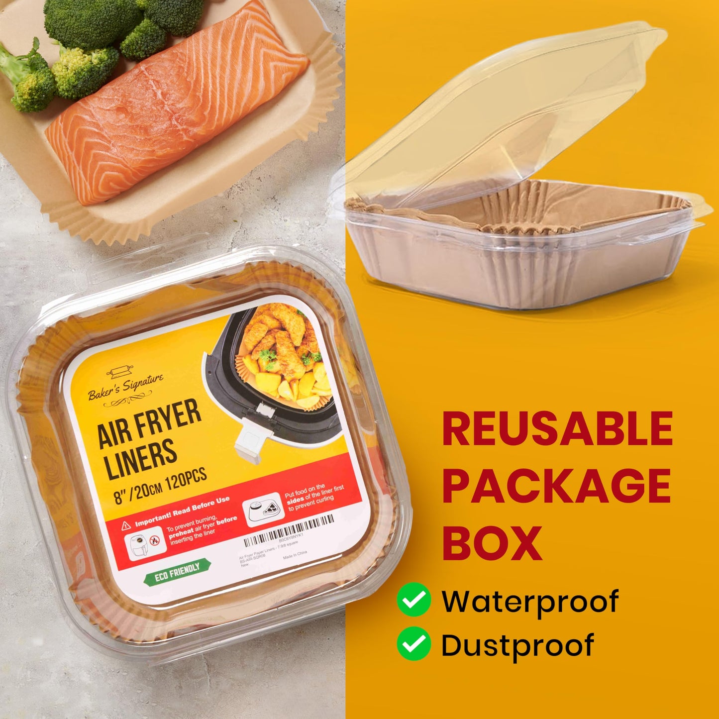 Baker's Signature Air Fryer Paper Liners, 125-Pack Disposable 8" Square, Non-Stick & Oil-Proof for 5-8 Qt Baskets, Easy Cleanup