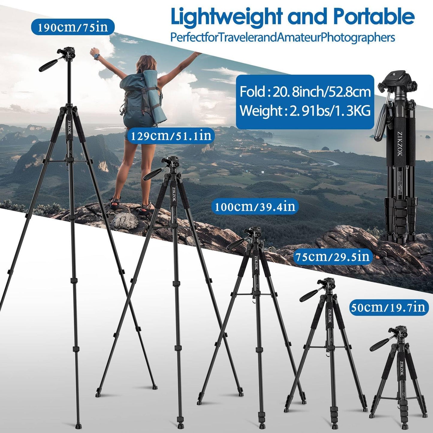 75" Camera Tripod, Aluminum Heavy Duty Camera Stand for ipad Phone, Travel Tripod with/Carry Bag/Phone Tablet Holder, Compatible with Canon Nikon Sony