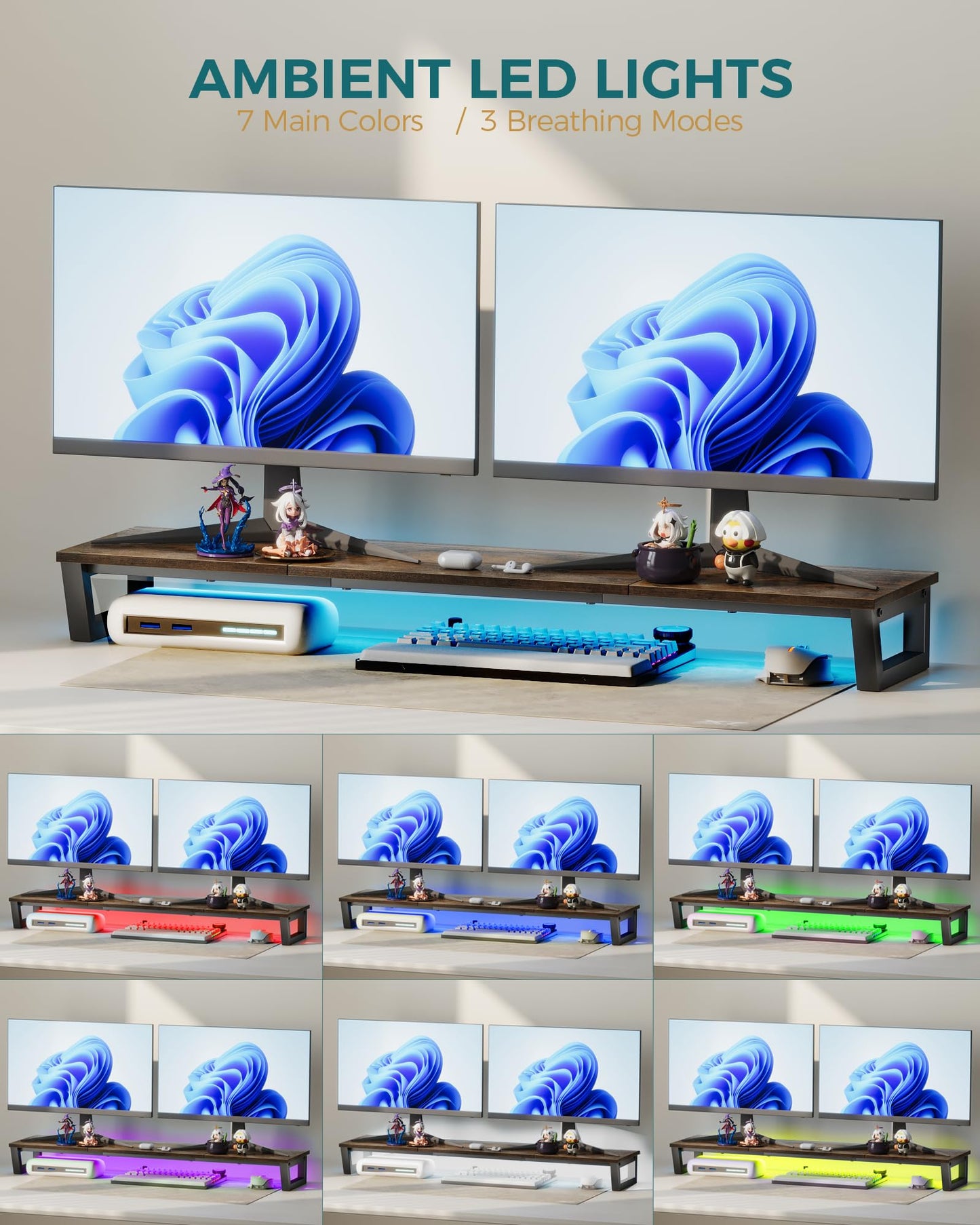 OROPY Dual LED Monitor Stand with RGB Strip Lights, 37.7" Large Computer Stand for 2 Monitors, Long Wood Desk Riser Shelf for TV, Laptop, Printer